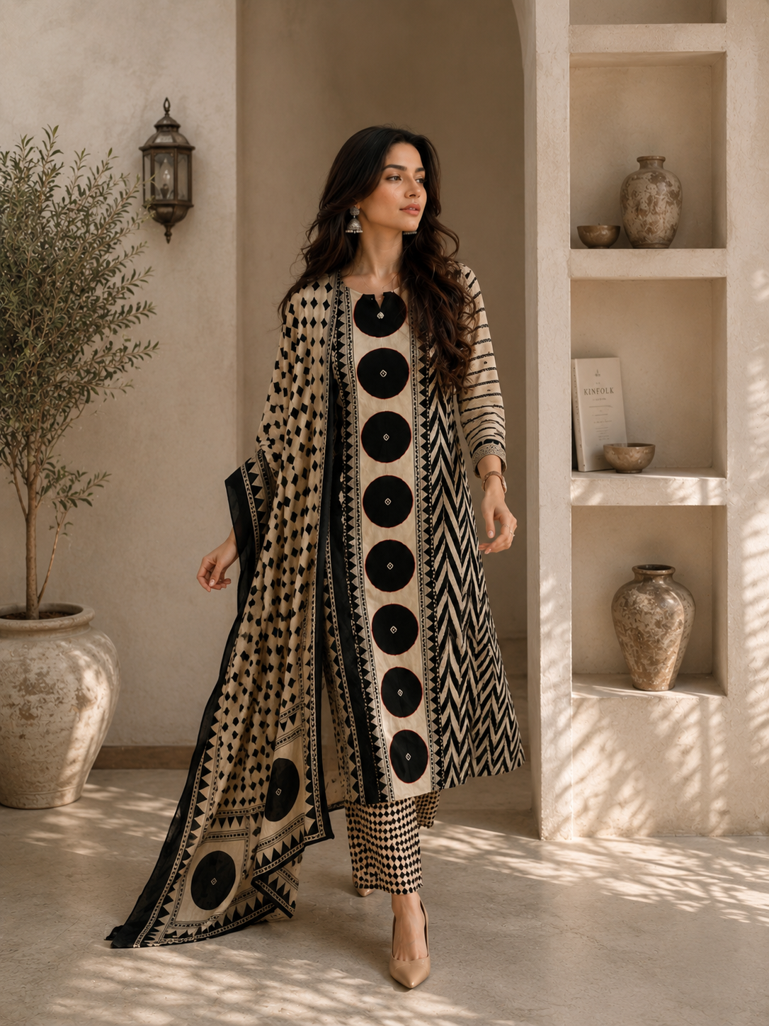 Elegant Black & Beige Printed Cotton Kurta Set with Dupatta