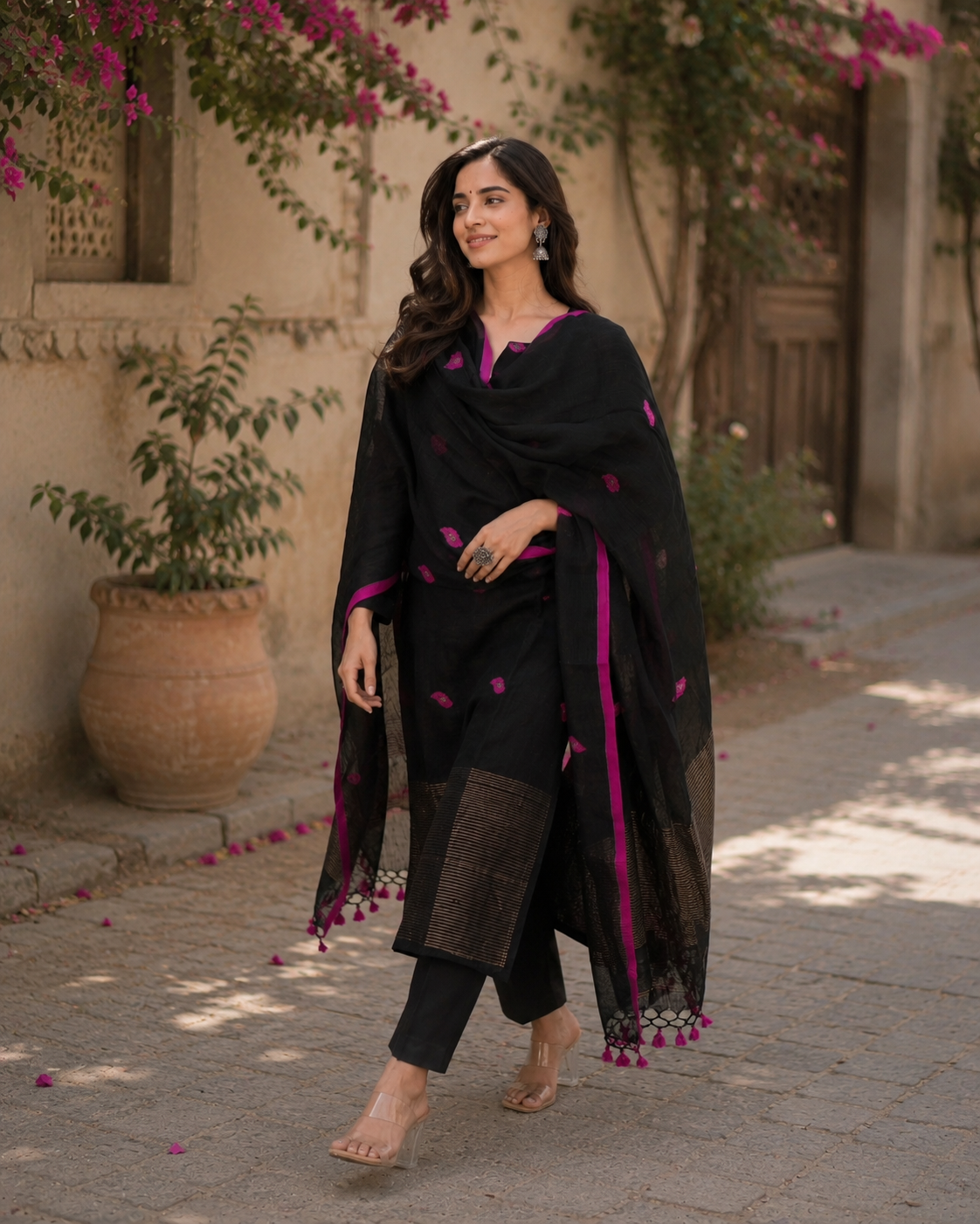 Black Magenta Designer jacquard Suit Set with Dupatta