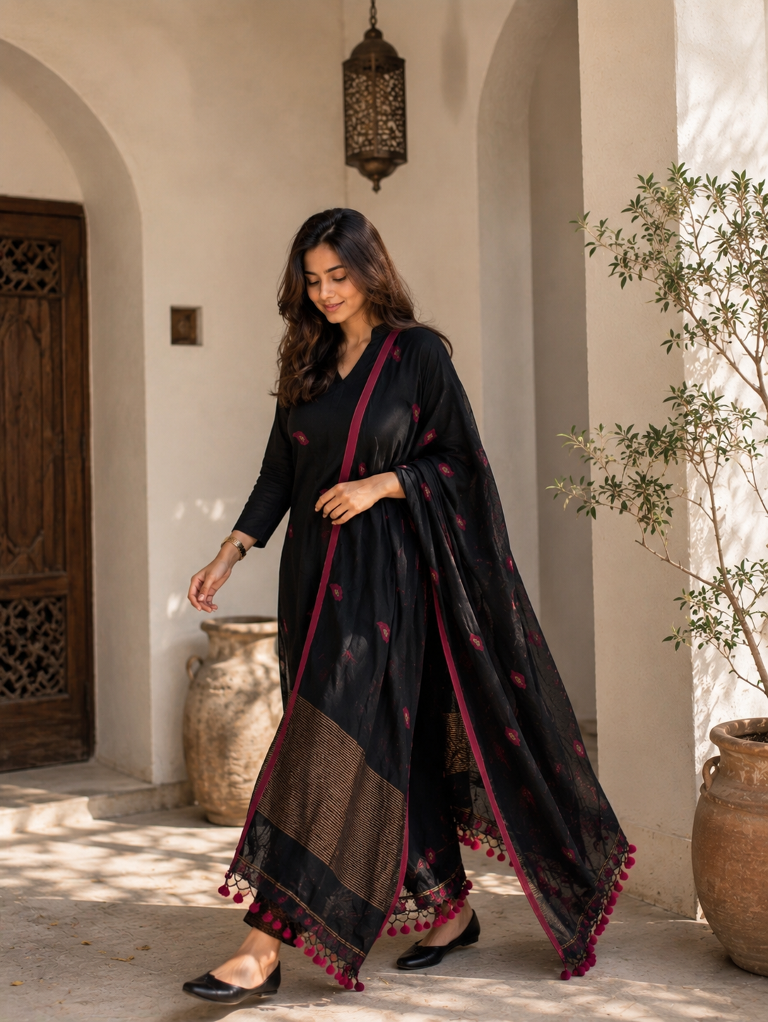 Black Magenta Designer jacquard Suit Set with Dupatta