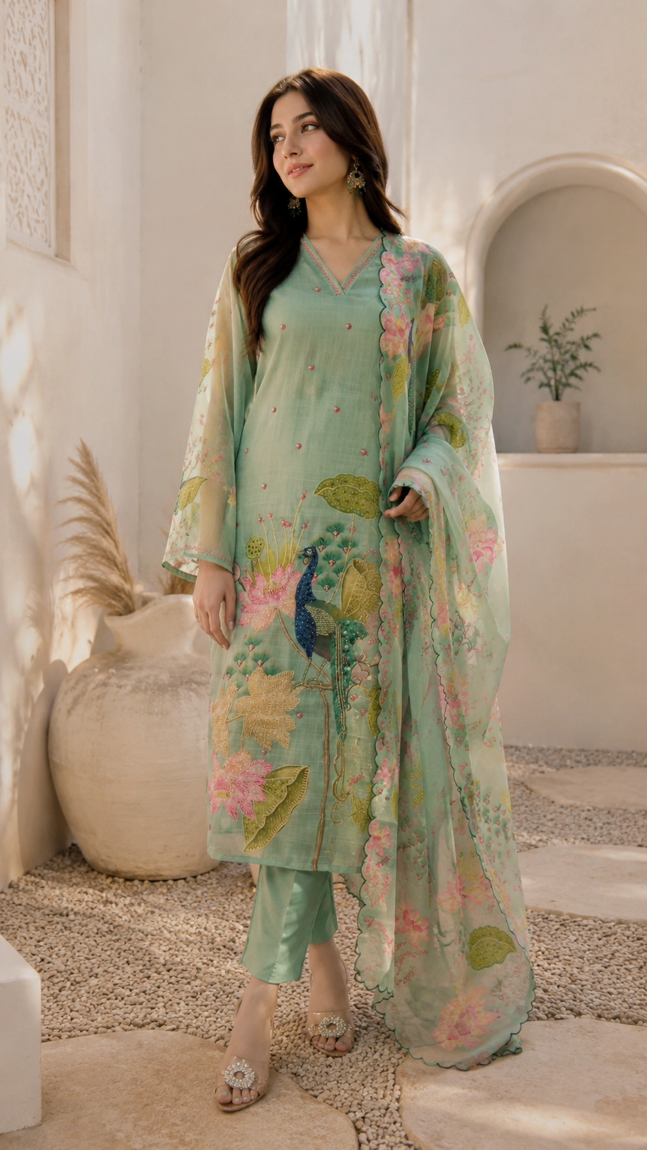 Peacock Floral Embroidered Mint Green Organza Salwar Suit Set