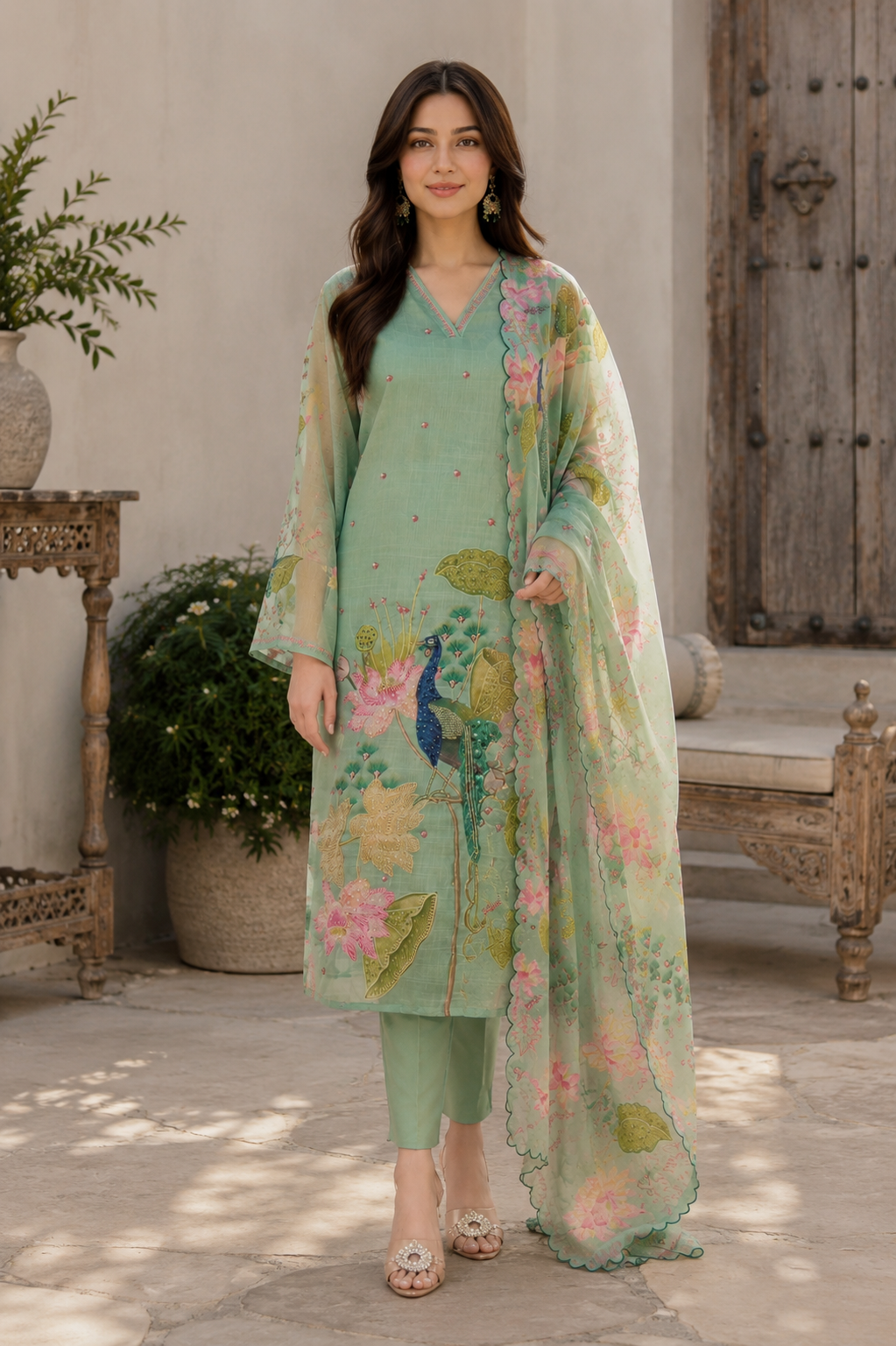 Peacock Floral Embroidered Mint Green Organza Salwar Suit Set