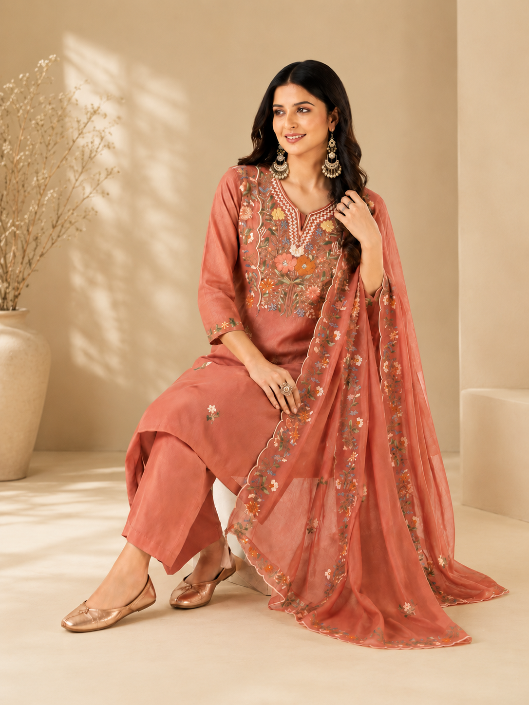 Women's Premium Peach Floral Embroidered Straight Kurta Pant Set