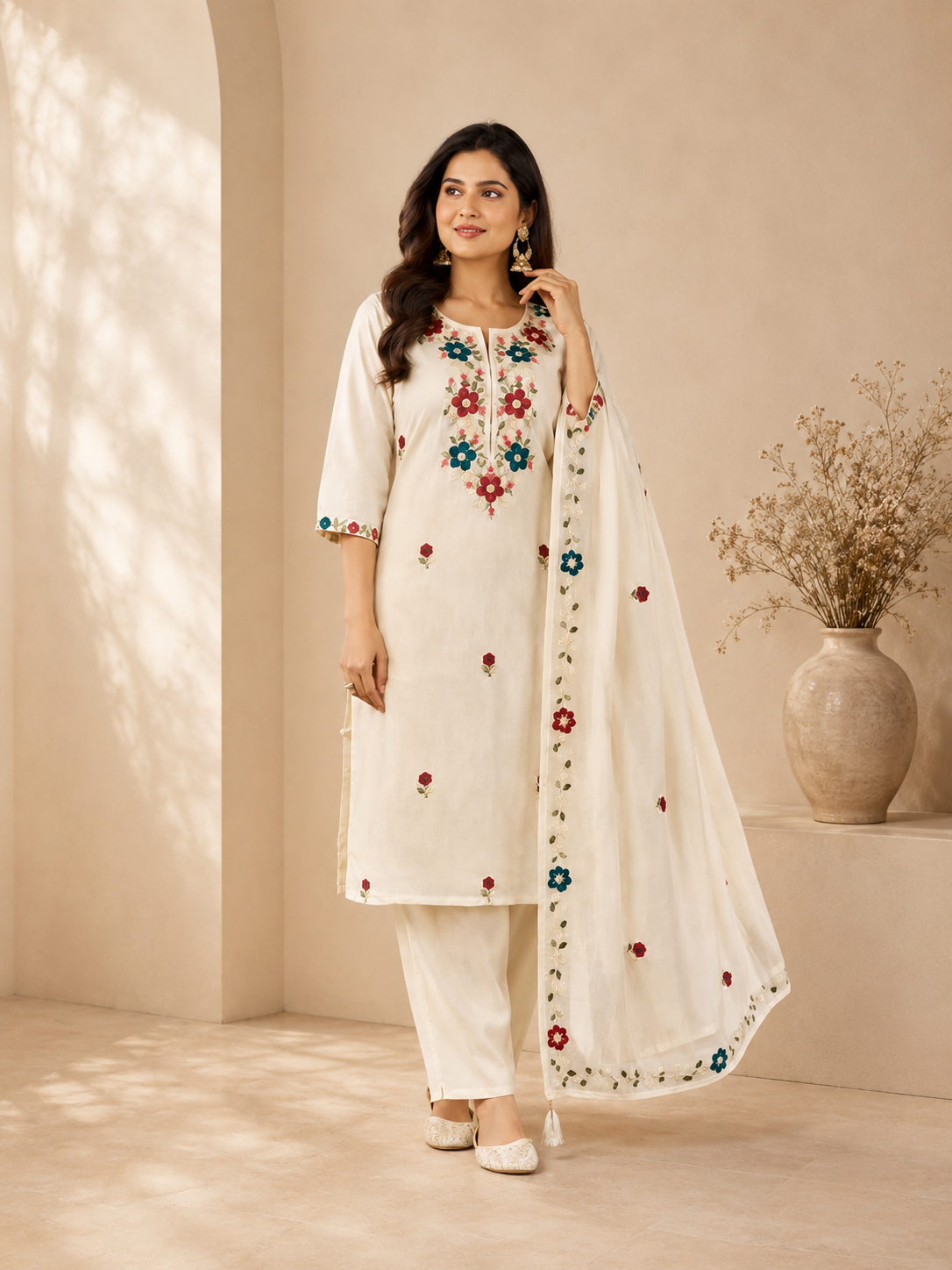 Women's Premium Off White Floral Embroidered Straight Kurta Pant set