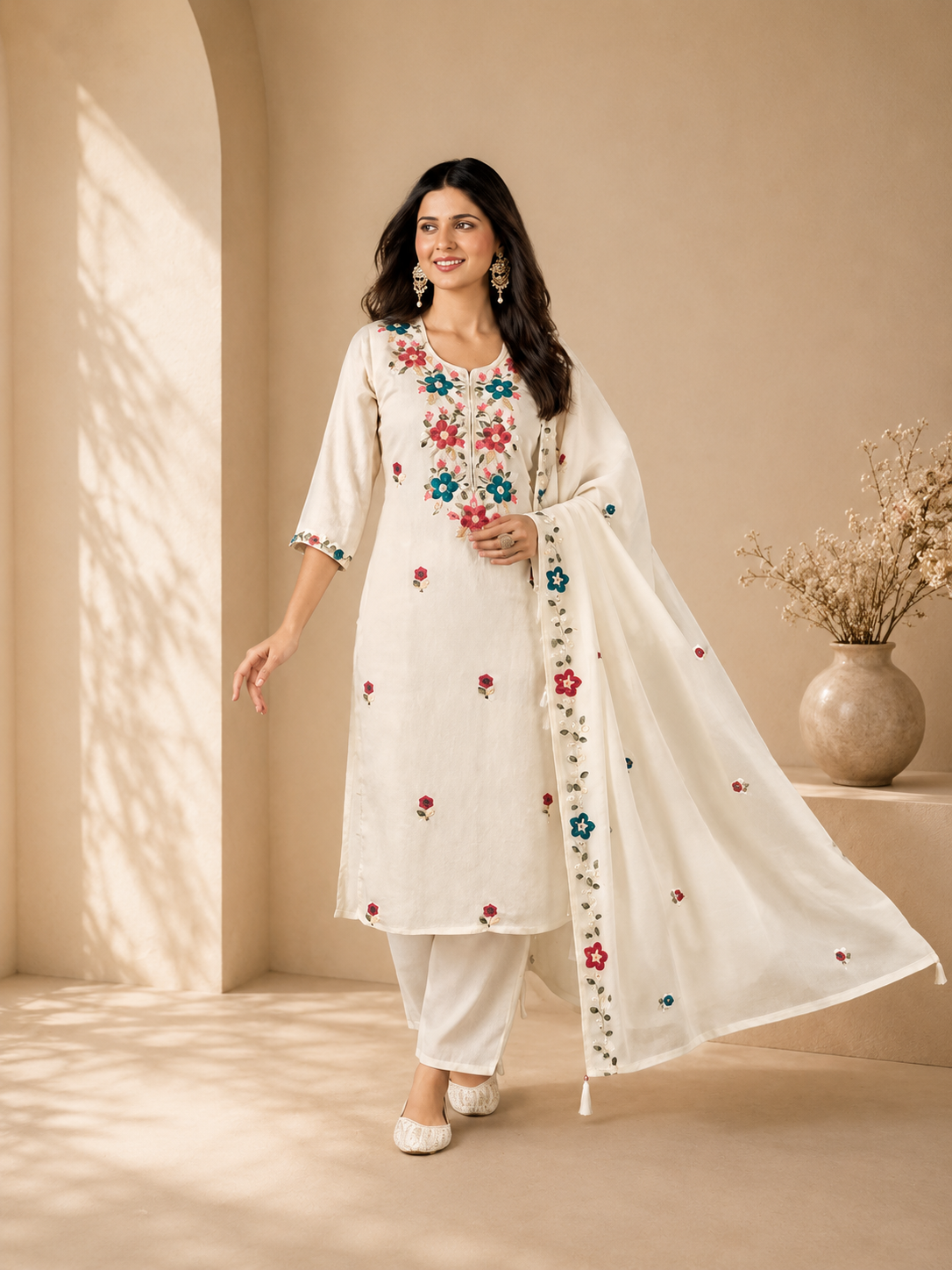 Women's Premium Off White Floral Embroidered Straight Kurta Pant set