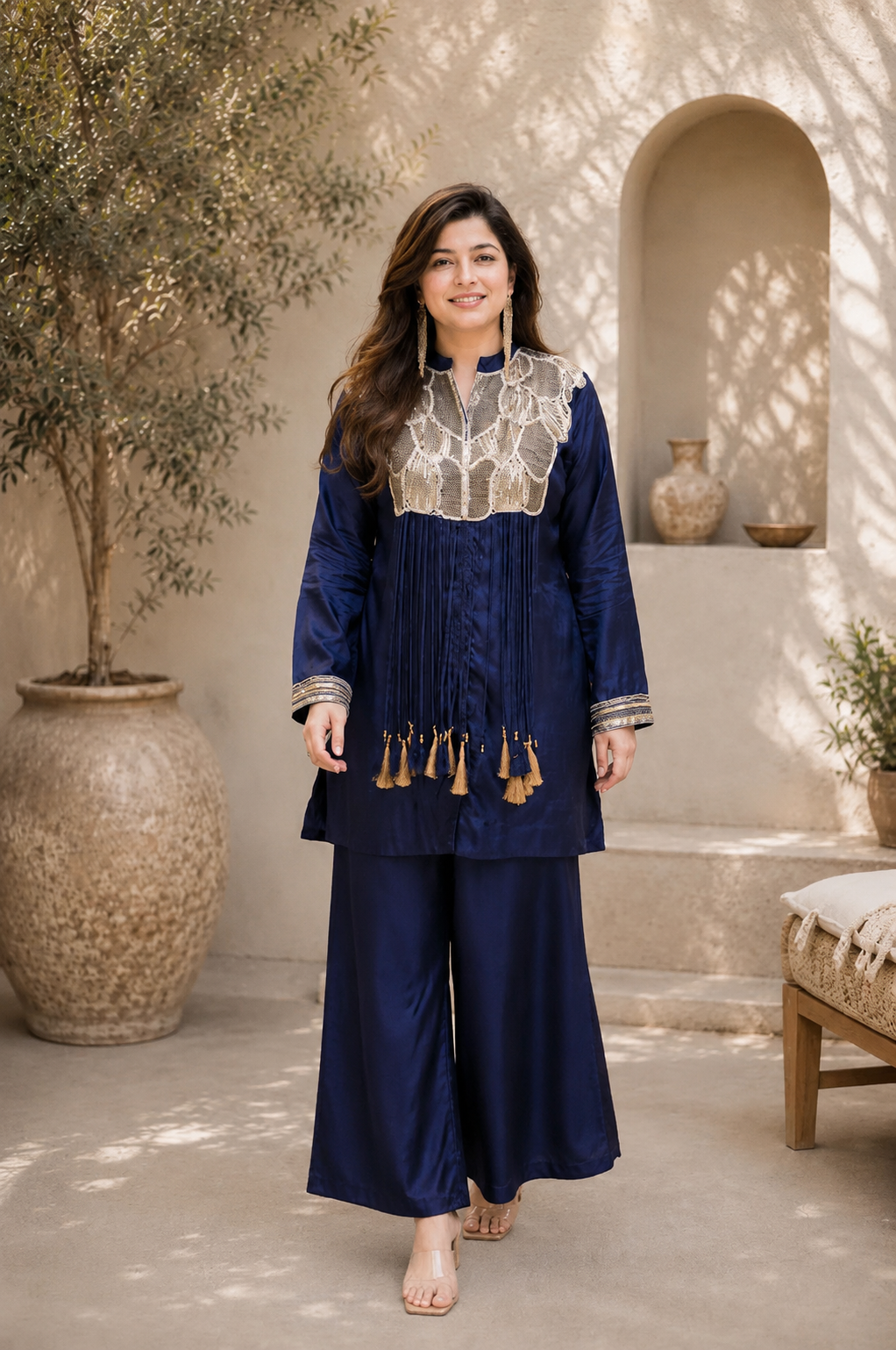 Navy Blue Embroidered Tassel Co-Ord Set for Women