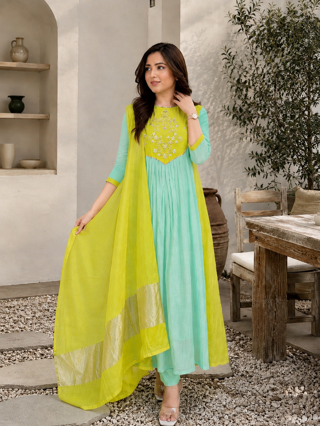 Lime Aqua Anarkali Set