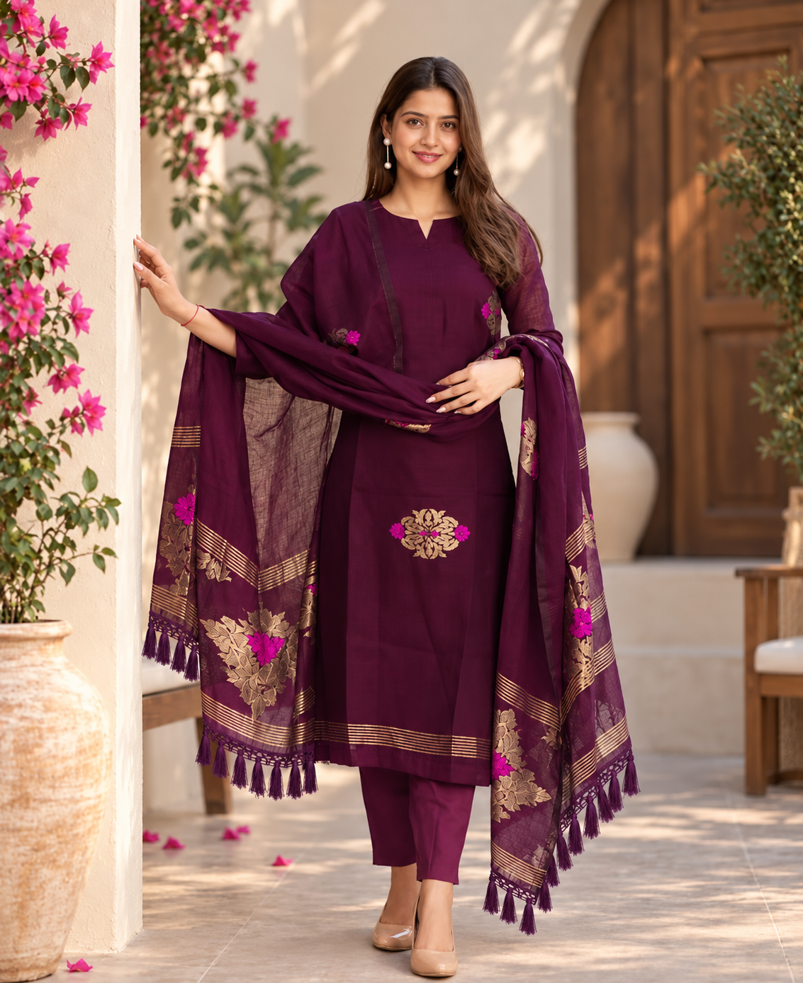 Wine Maroon Embroidered Kurta Pant Set with Printed Dupatta for Women