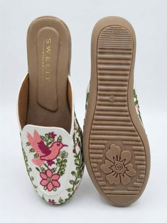Pink Bird Embroidered Ethnic Mule Flats for Women