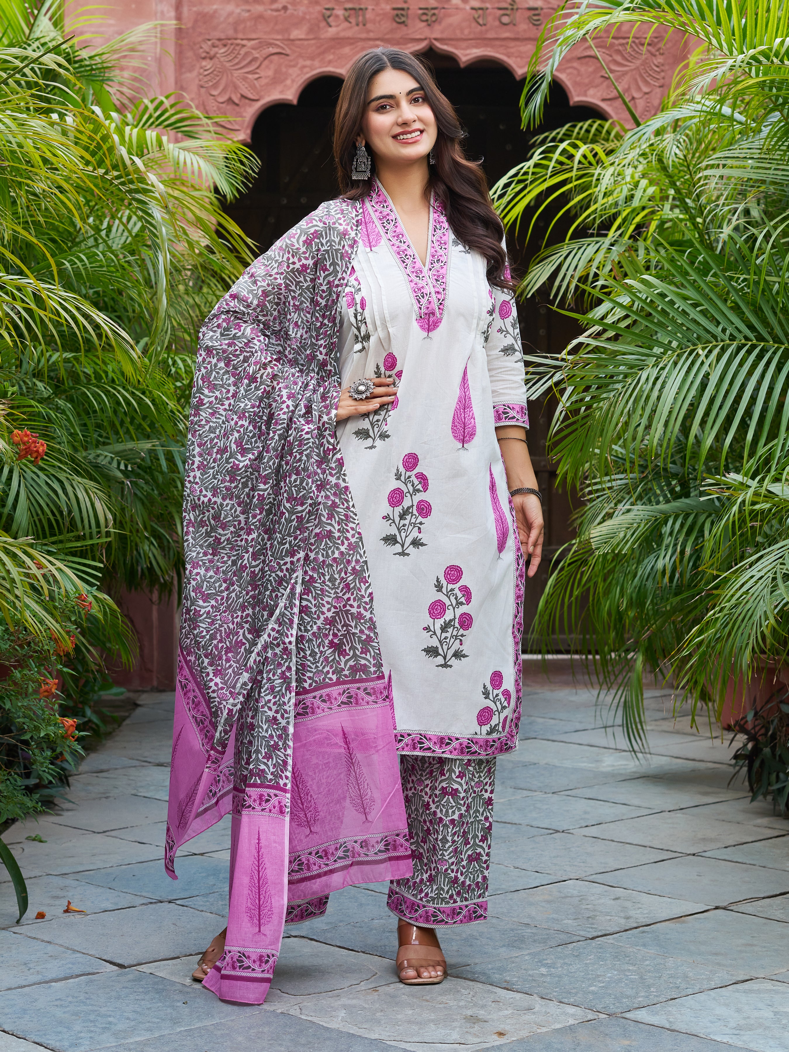 Ivory & Pink Floral Printed Kurta Set with Matching Dupatta