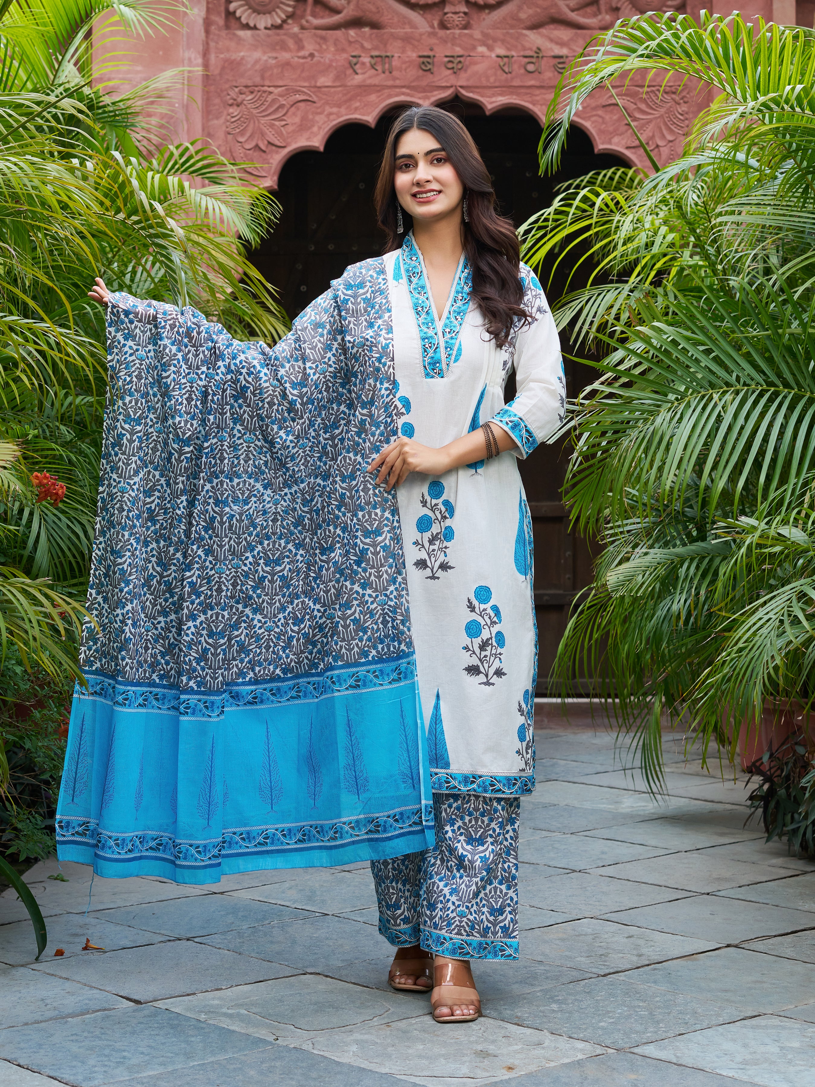 Ivory & Blue Floral Printed Kurta Set with Matching Dupatta