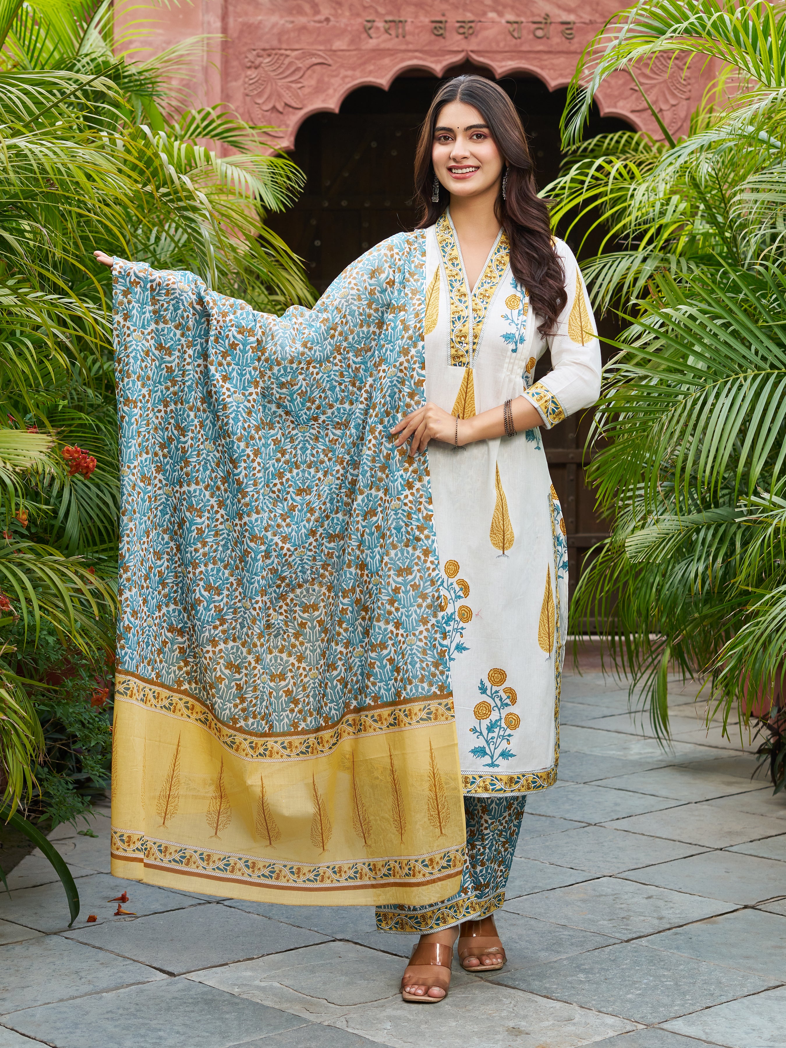 Ivory & Yellow Floral Printed Kurta Set with Matching Dupatta