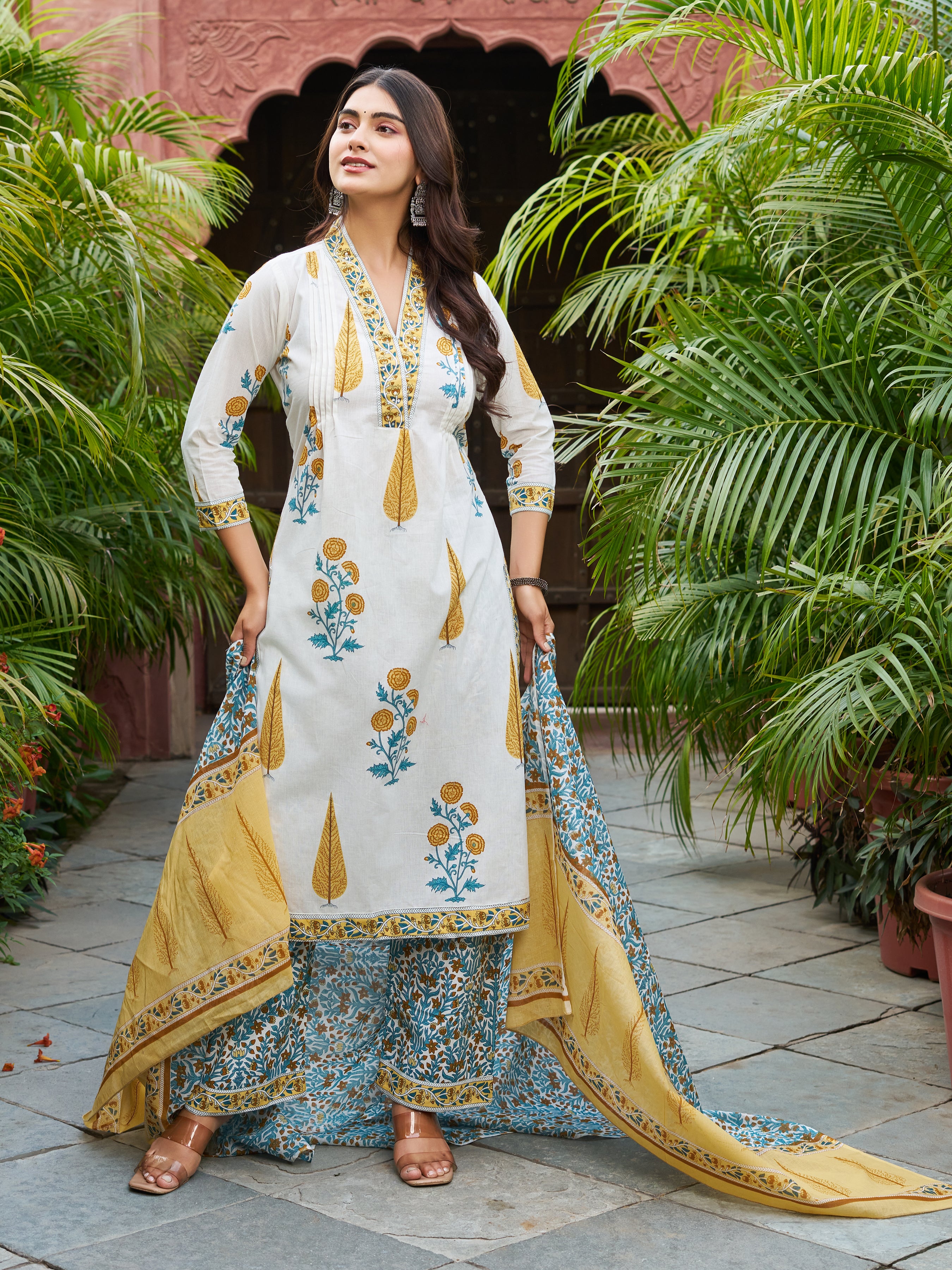 Ivory & Yellow Floral Printed Kurta Set with Matching Dupatta