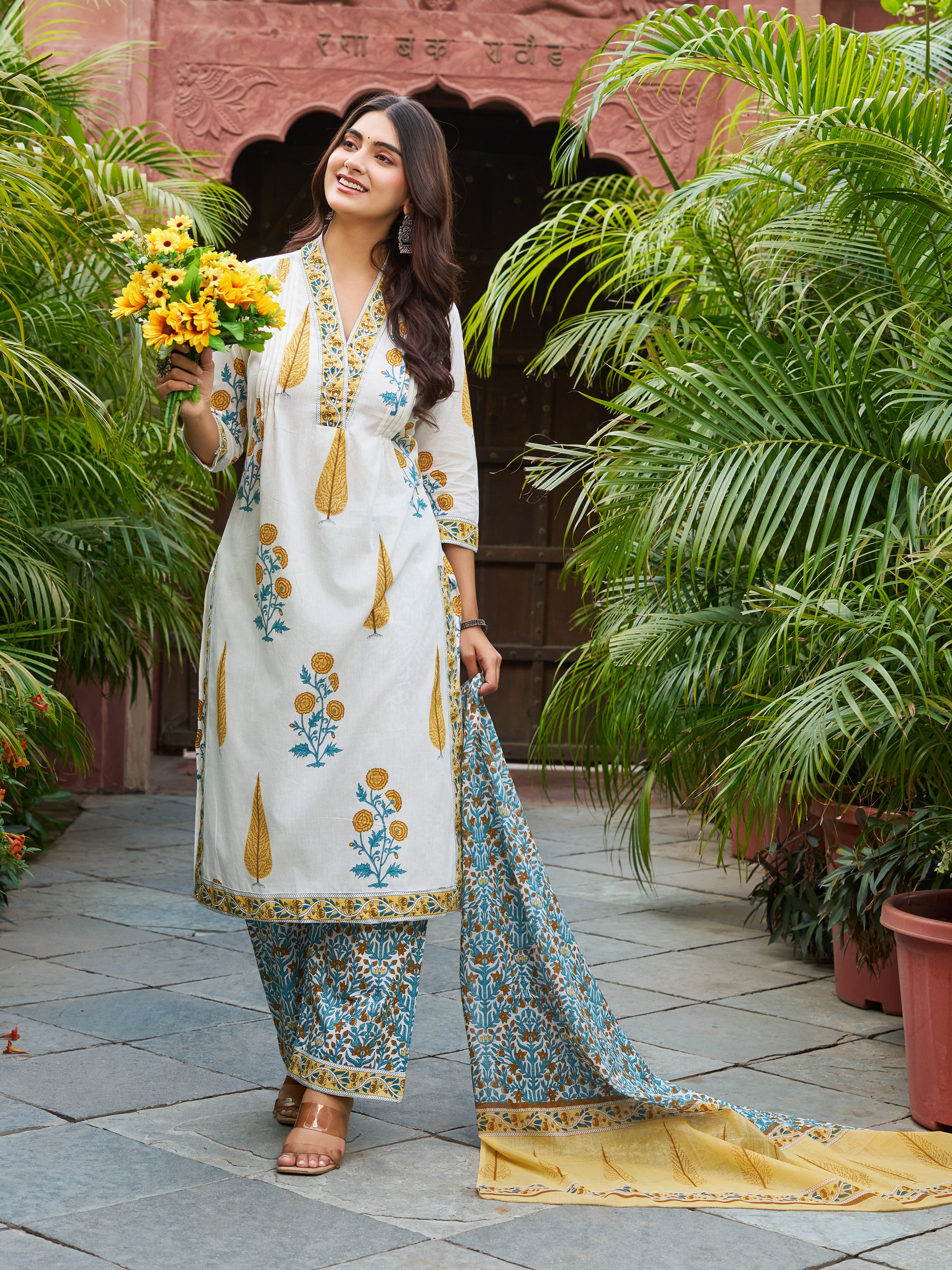 Ivory & Yellow Floral Printed Kurta Set with Matching Dupatta