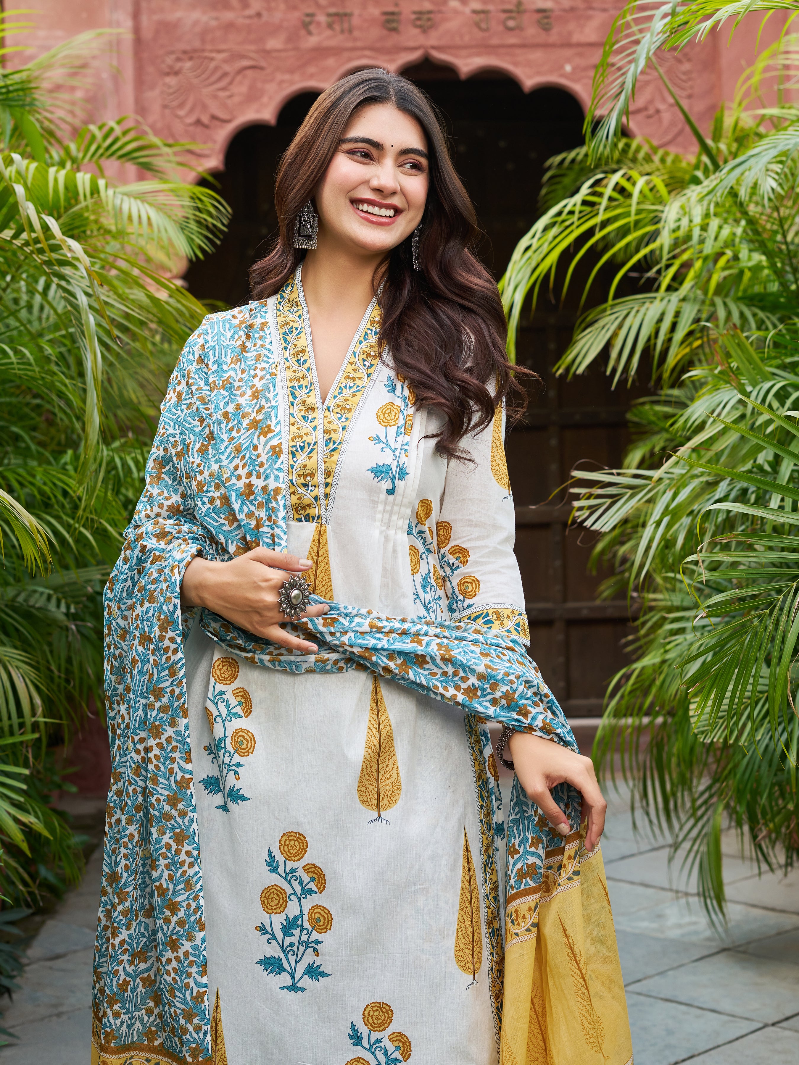 Ivory & Yellow Floral Printed Kurta Set with Matching Dupatta