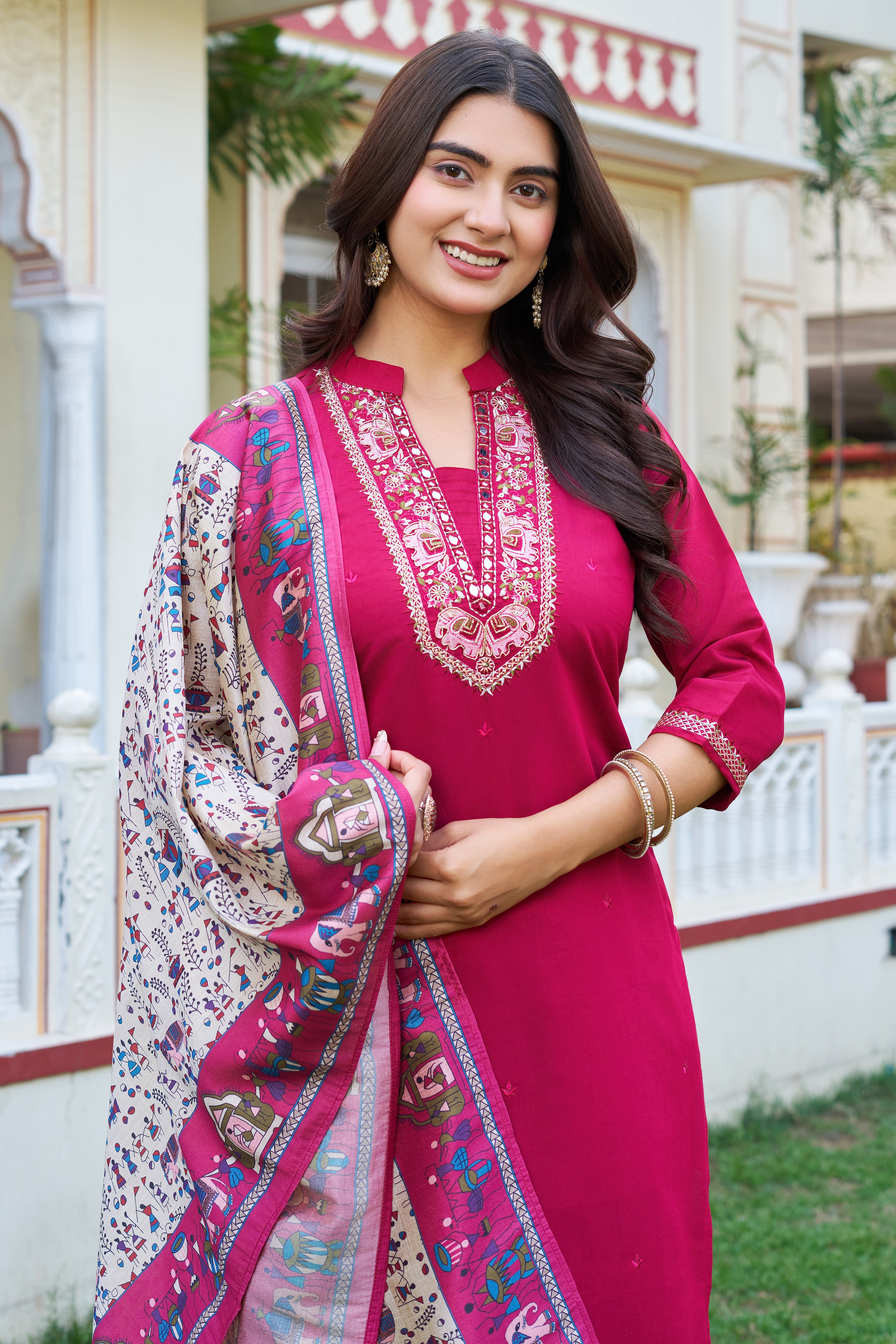 Elegant Rani Pink Embroidered Kurta Pant Set with Printed Dupatta