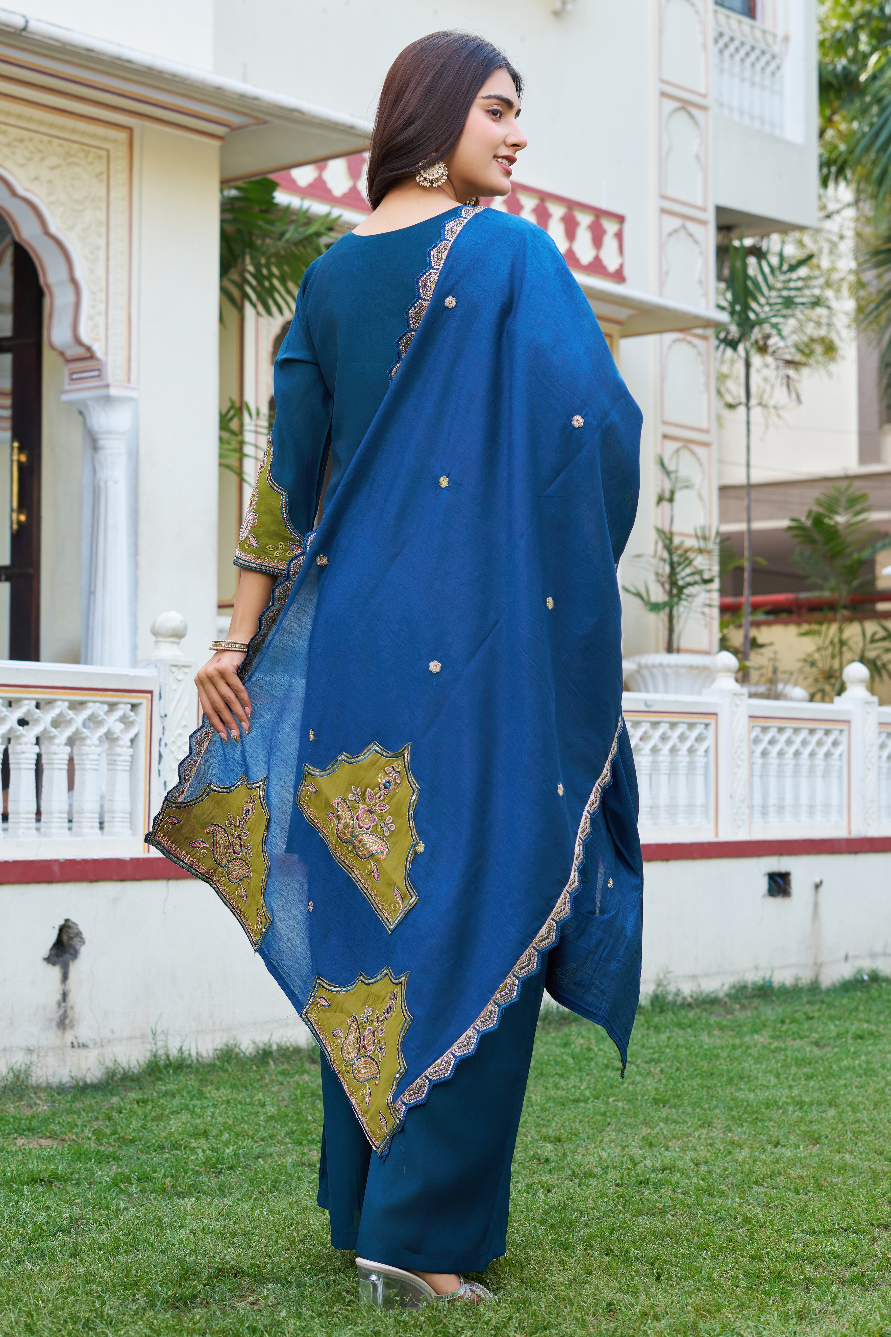 Elegant Teal Blue Embroidered Kurta Palazzo Set with Designer Dupatta