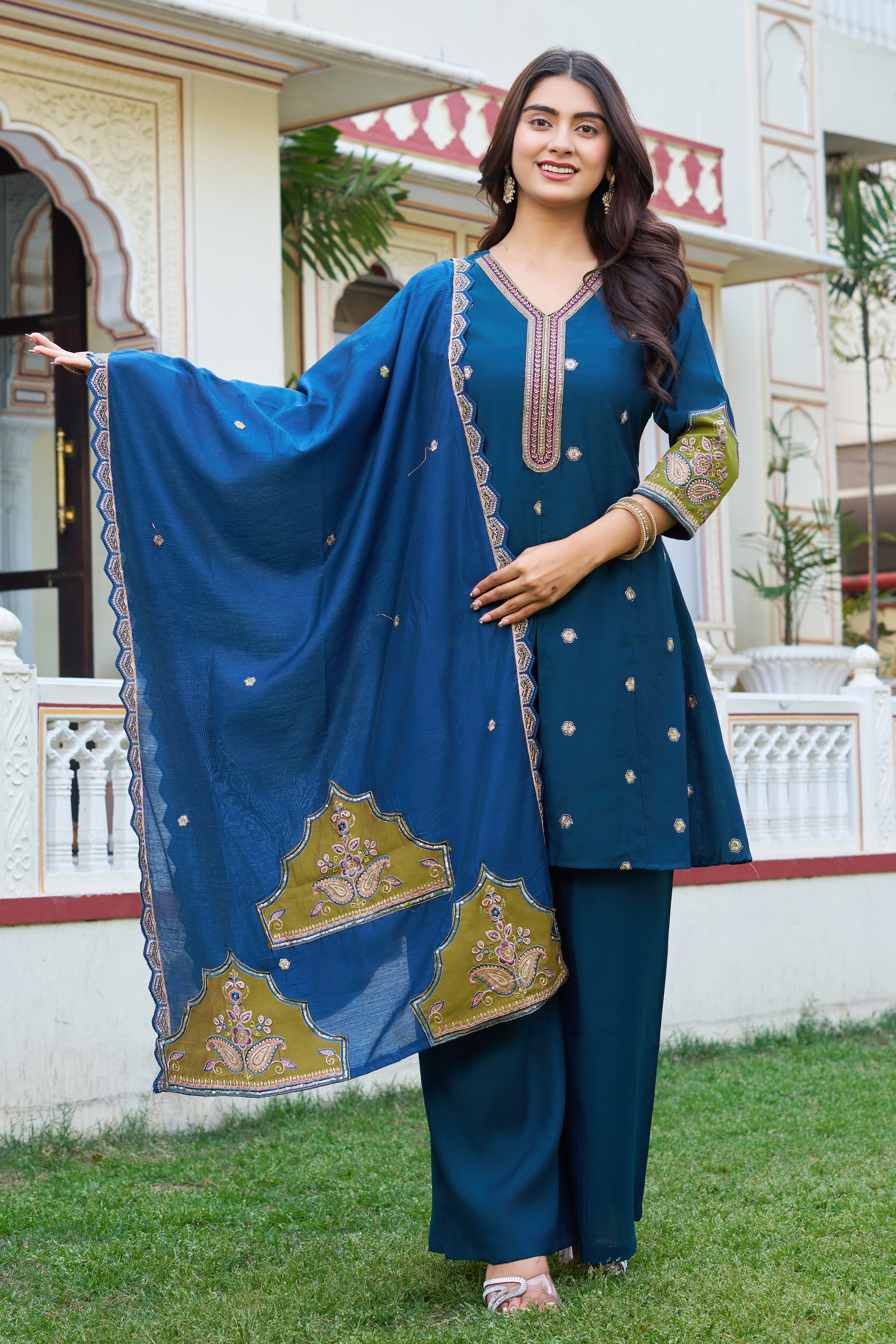 Elegant Teal Blue Embroidered Kurta Palazzo Set with Designer Dupatta