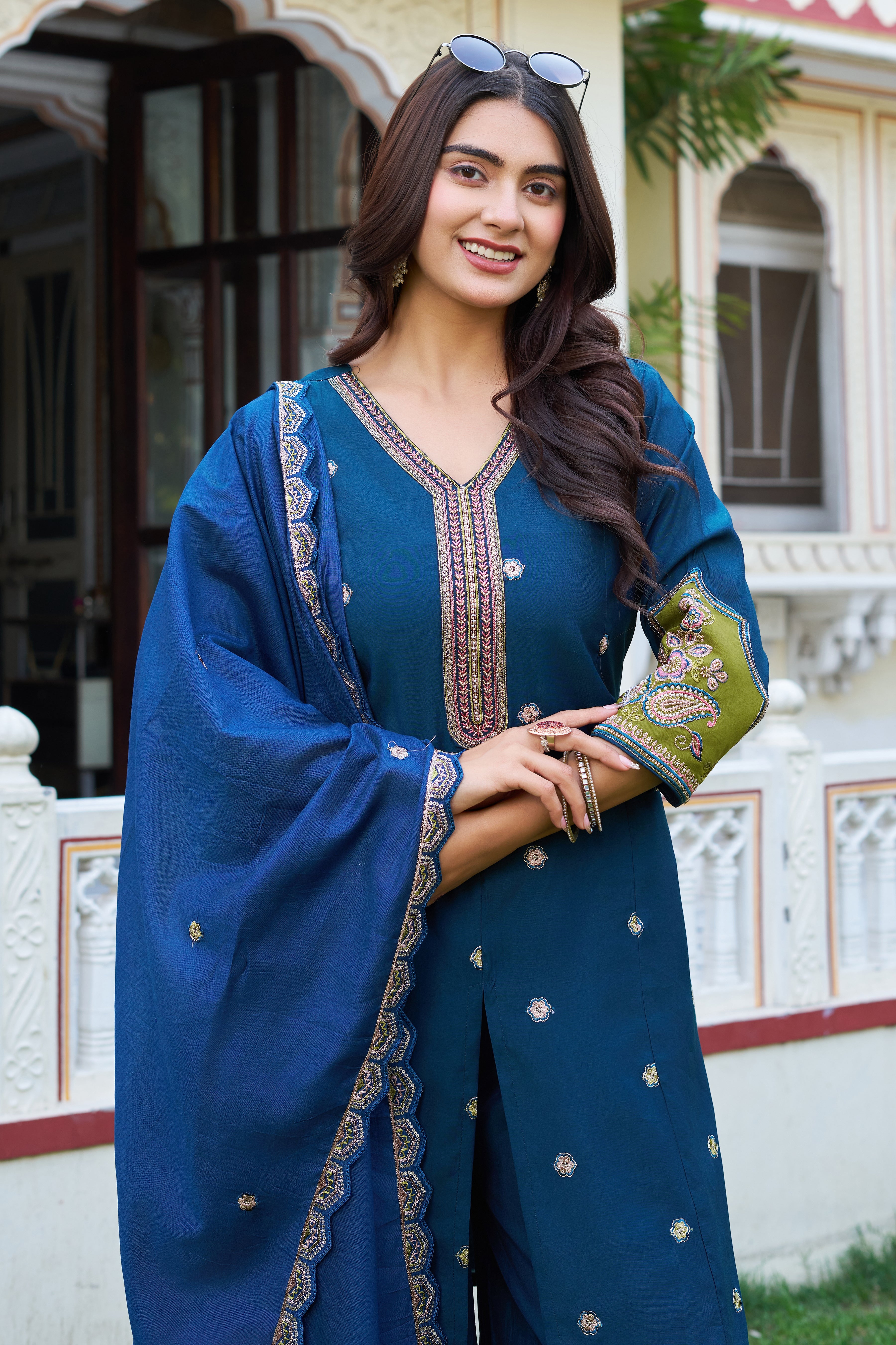 Elegant Teal Blue Embroidered Kurta Palazzo Set with Designer Dupatta