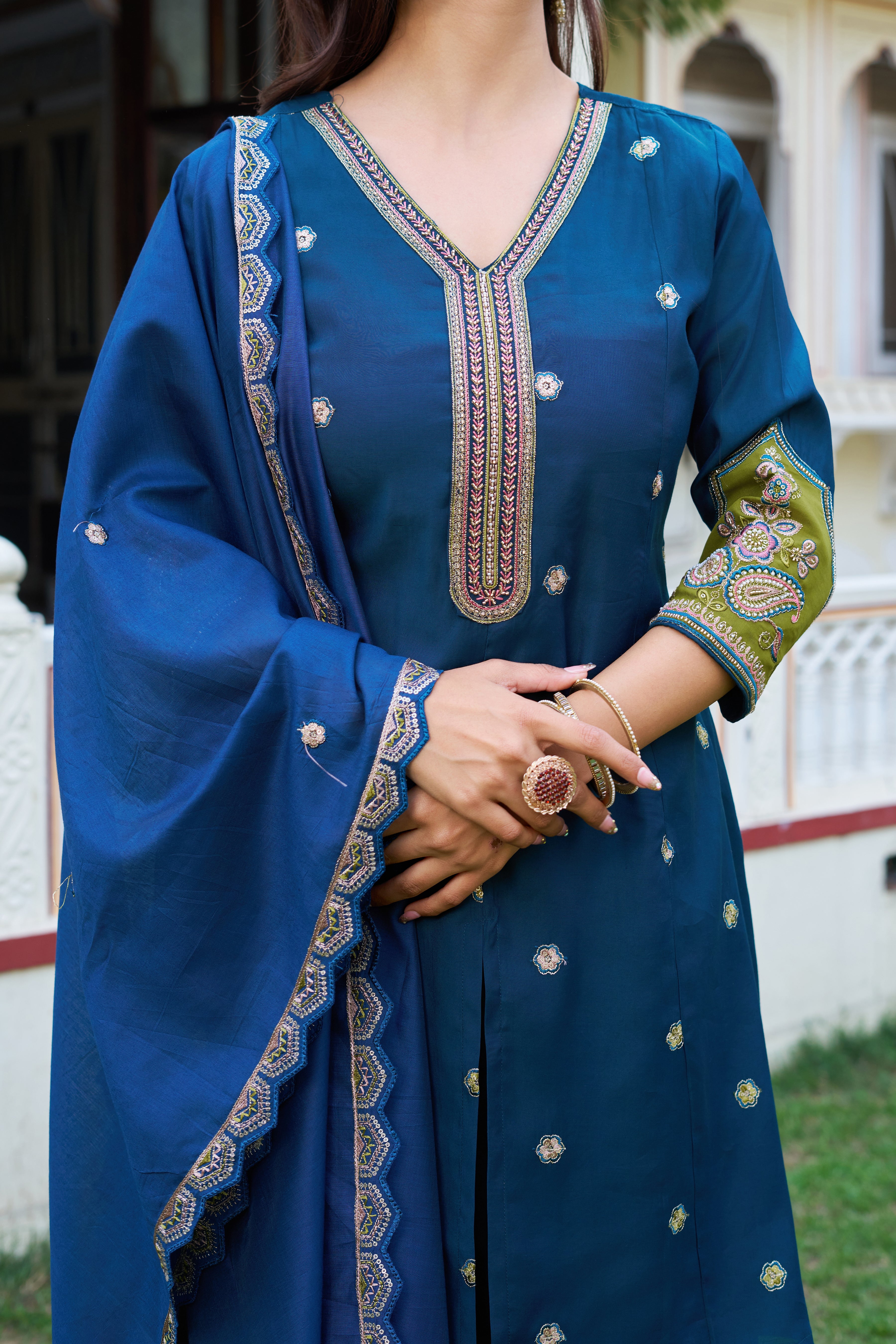 Elegant Teal Blue Embroidered Kurta Palazzo Set with Designer Dupatta