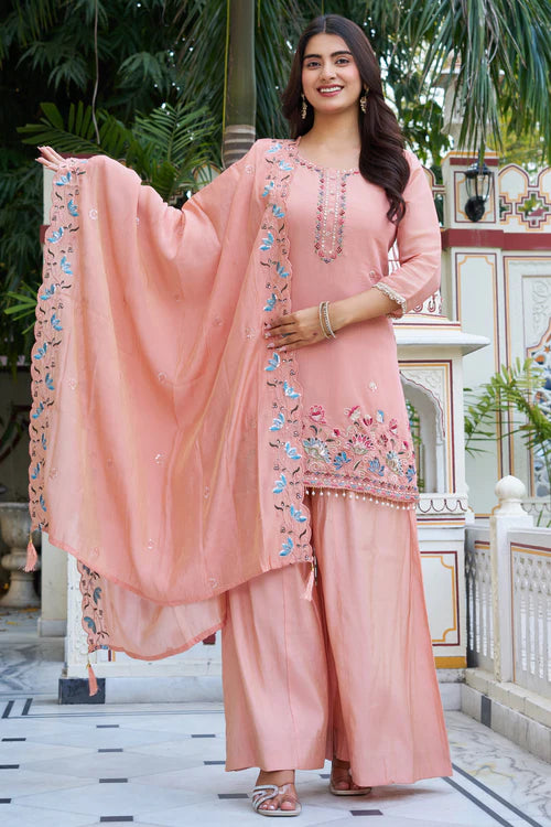 Elegant Pastel Embroidered Kurta Palazzo Set with Dupatta – Ethnic Party Wear Suit