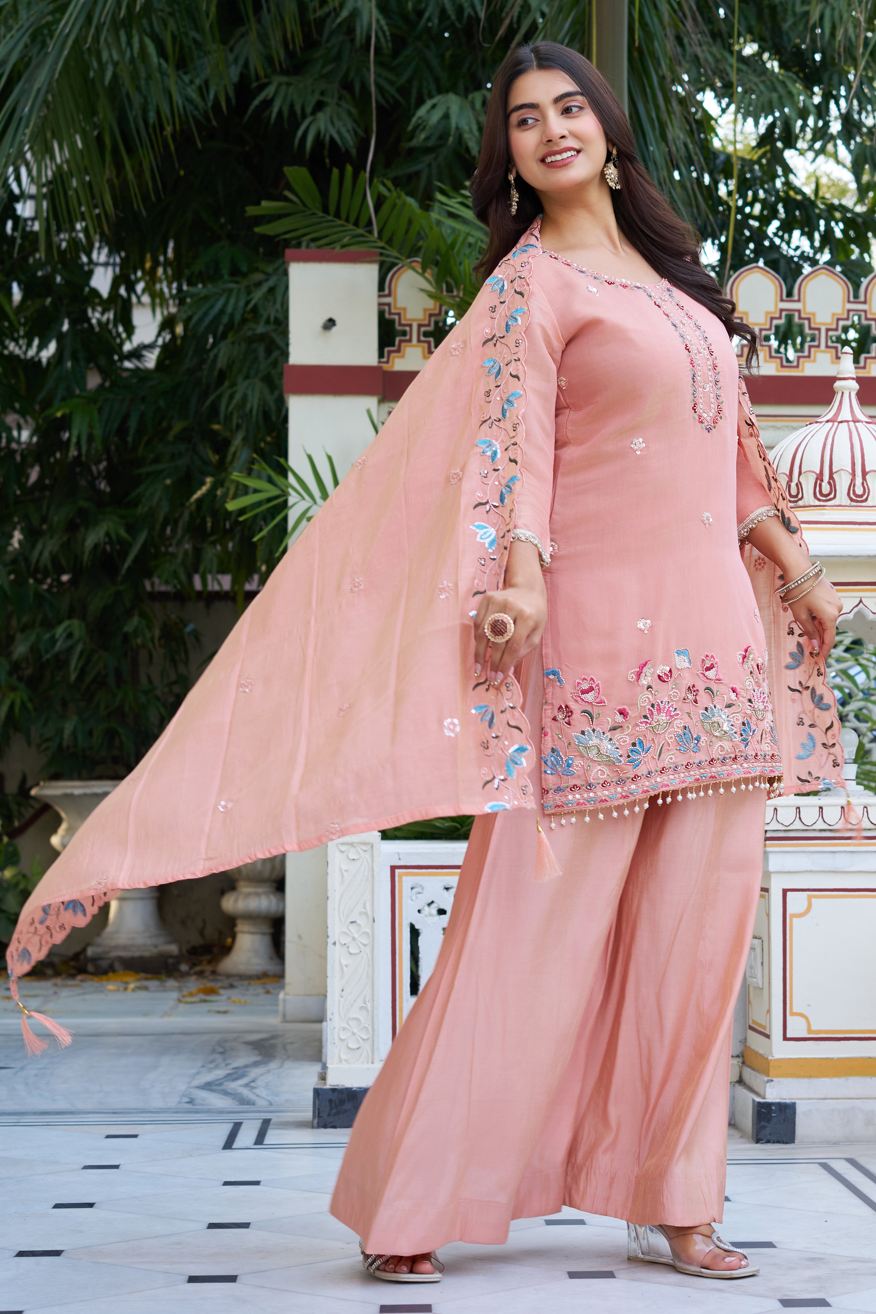 Elegant Pastel Embroidered Kurta Palazzo Set with Dupatta – Ethnic Party Wear Suit