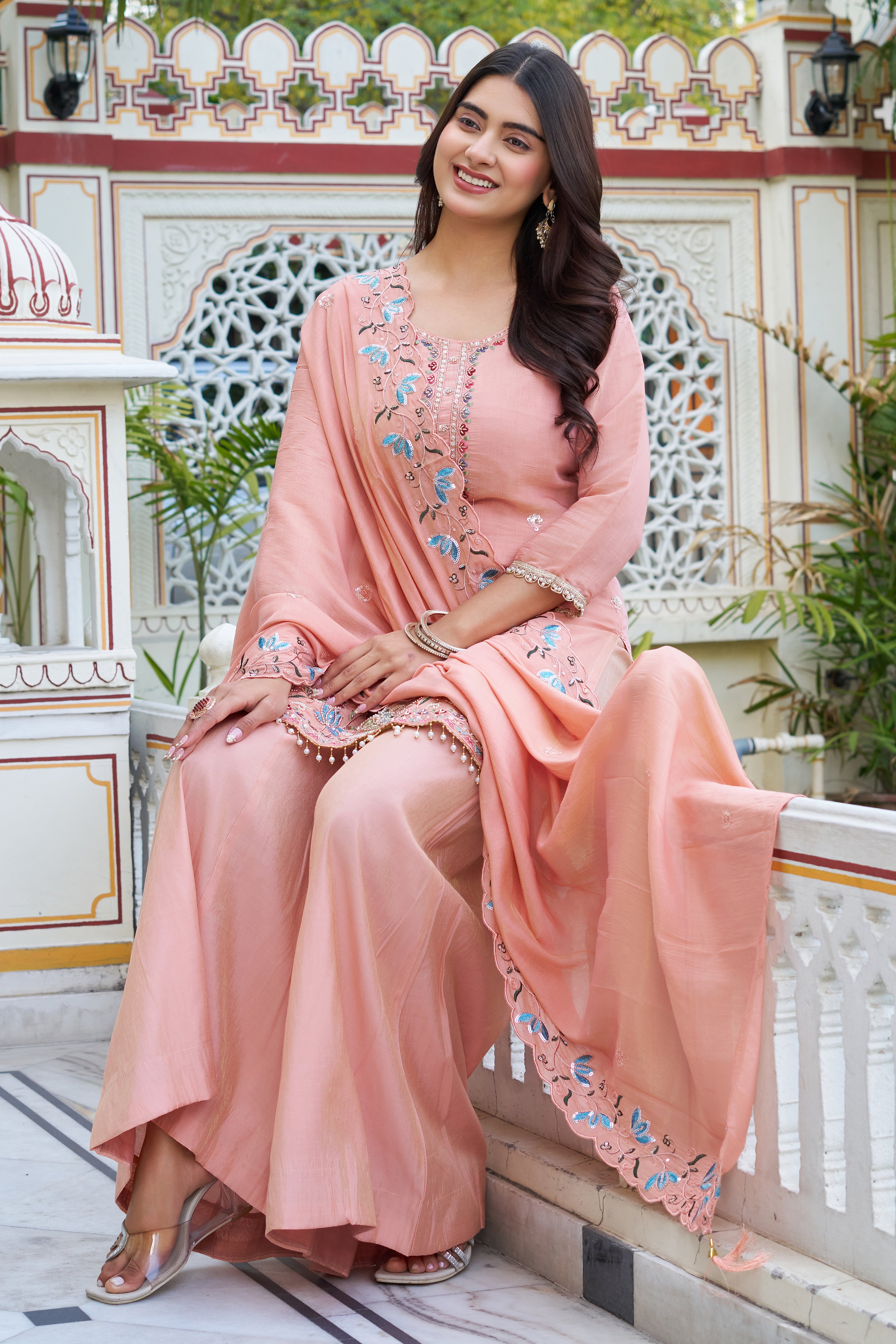 Elegant Pastel Embroidered Kurta Palazzo Set with Dupatta – Ethnic Party Wear Suit