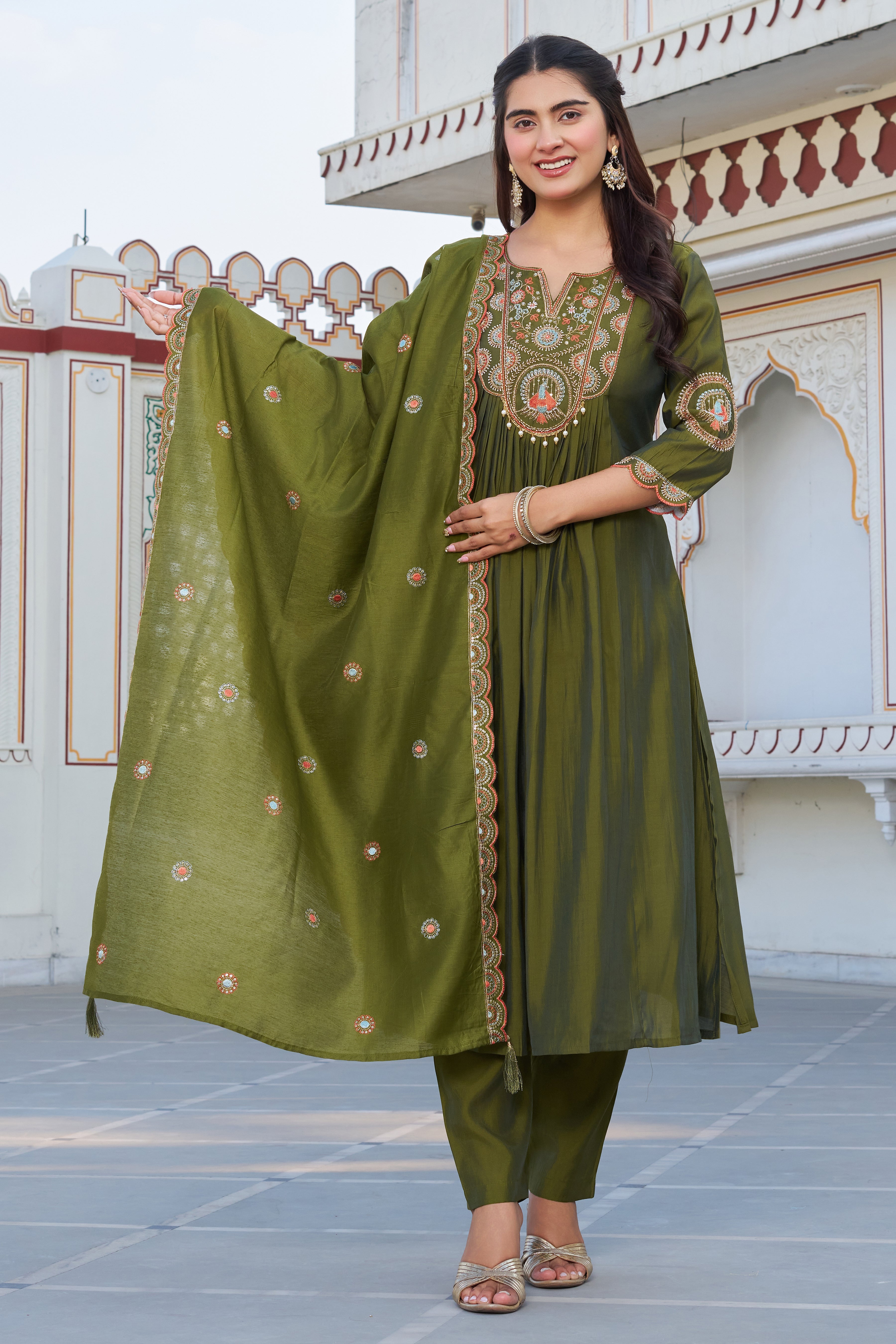 Elegant Olive Green Embroidered Kurta Set with Dupatta for Women