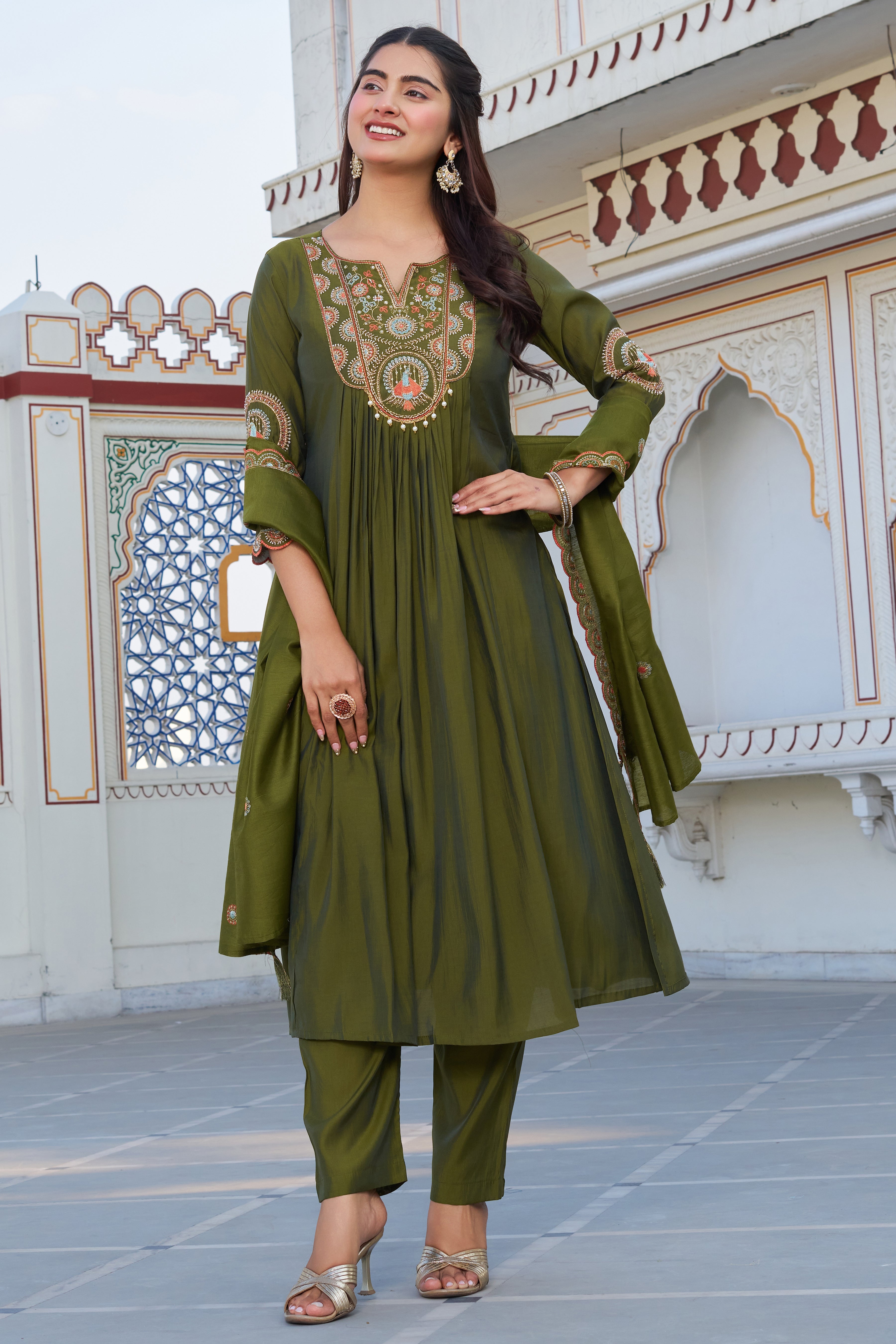Elegant Olive Green Embroidered Kurta Set with Dupatta for Women
