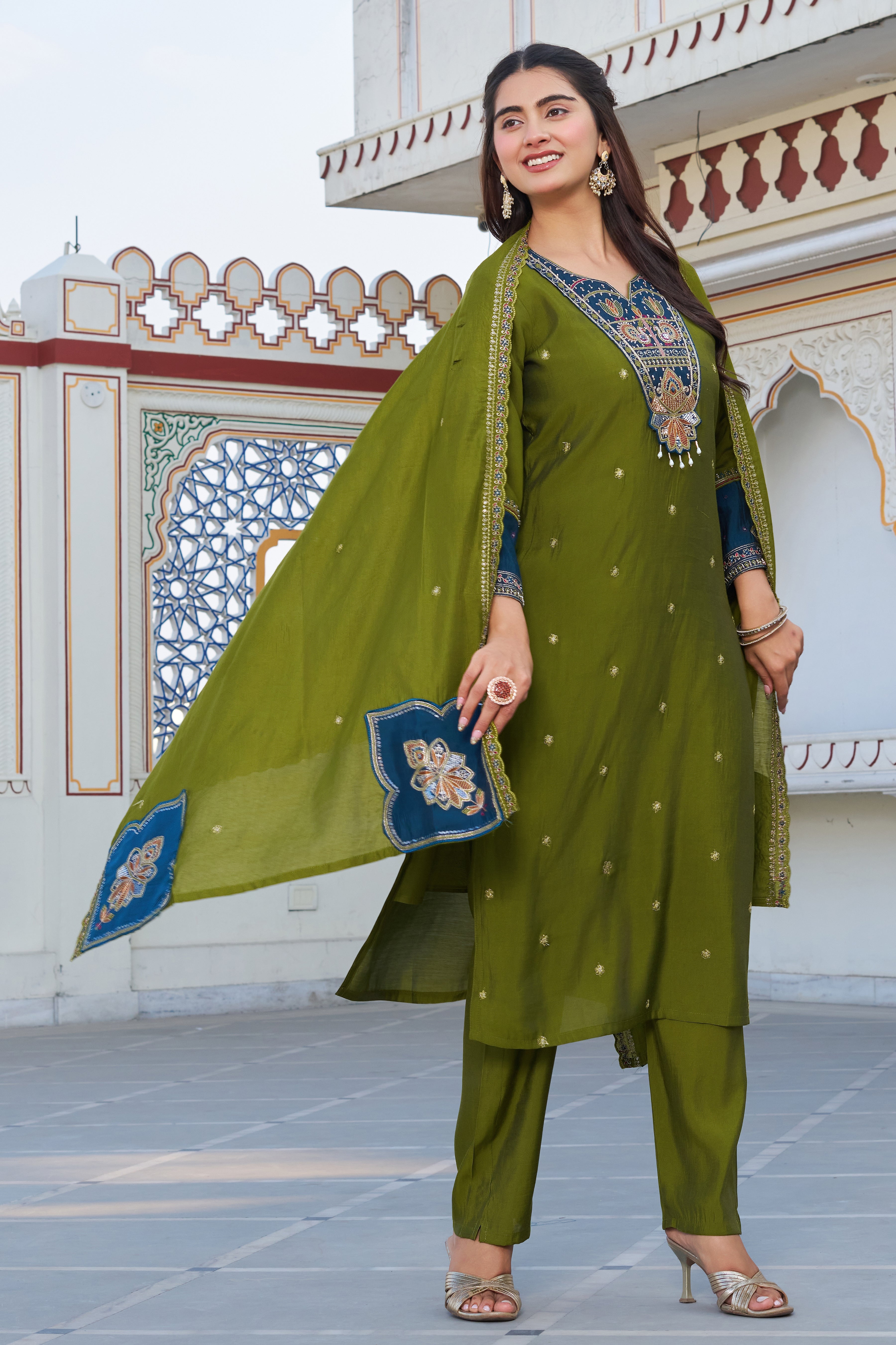 Premium Olive Green Embroidered Kurta Pant Set with Contrast Dupatta
