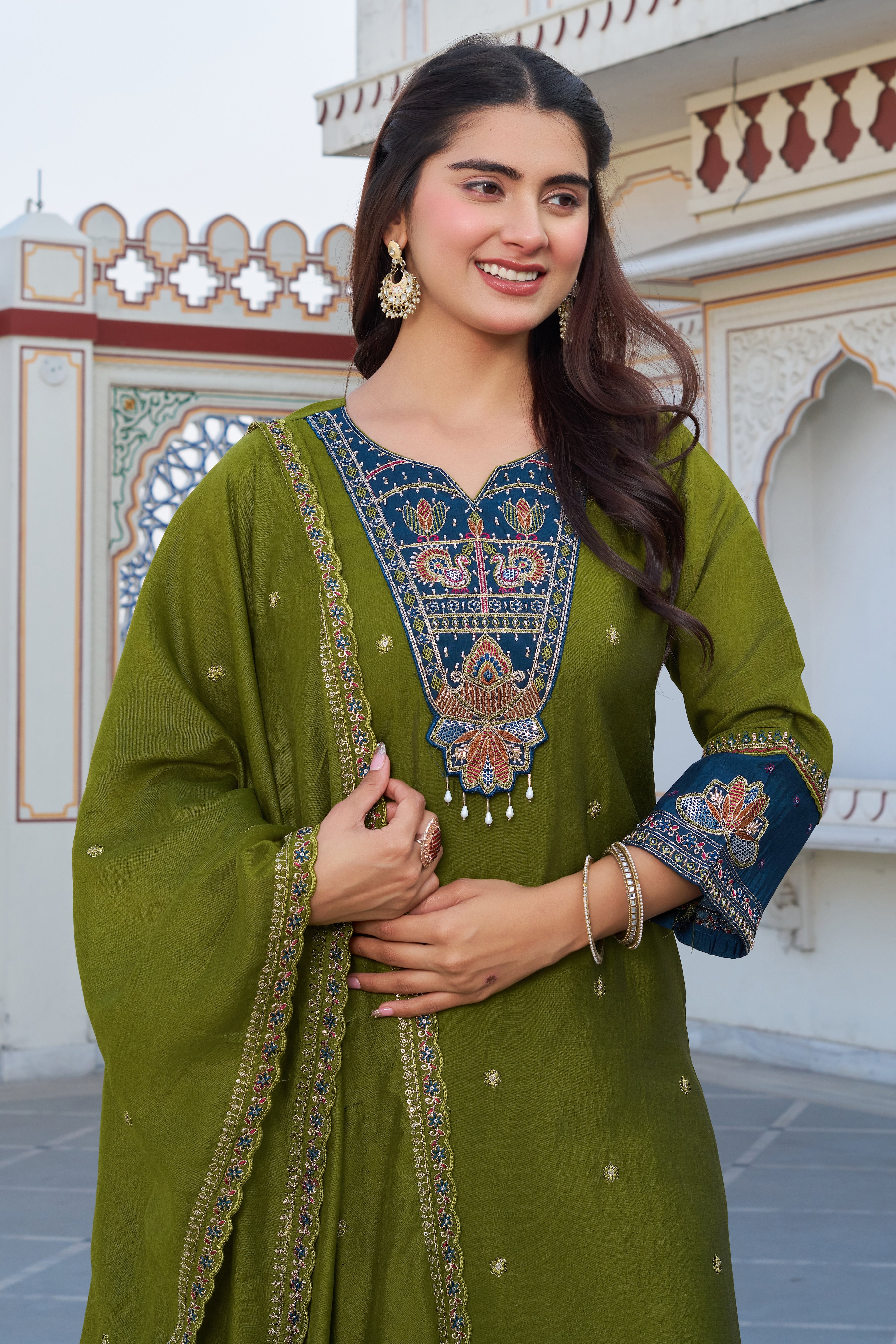Premium Olive Green Embroidered Kurta Pant Set with Contrast Dupatta