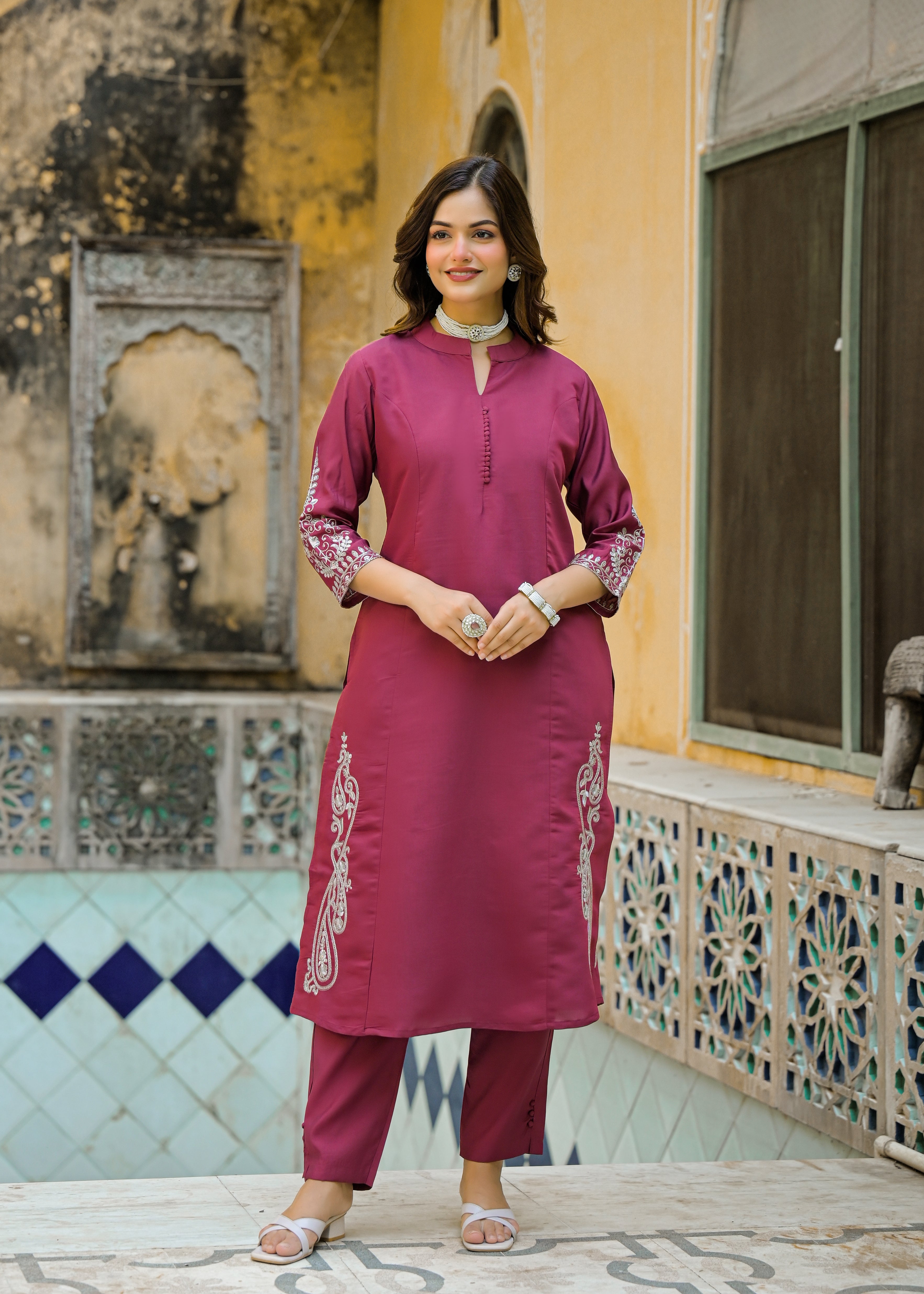 Wine Maroon Solid Straight Kurta Set with Embroidered Dupatta