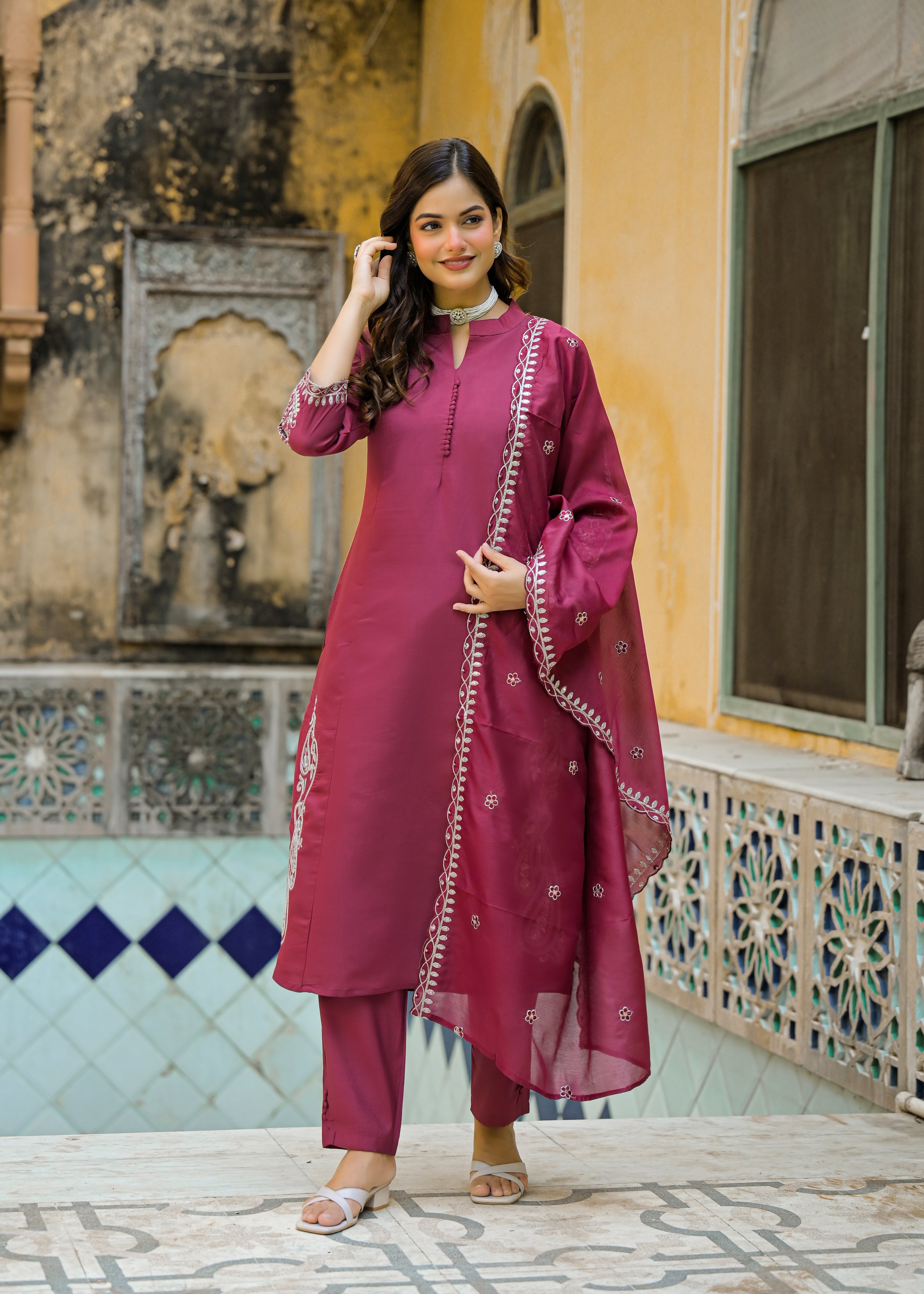 Wine Maroon Solid Straight Kurta Set with Embroidered Dupatta