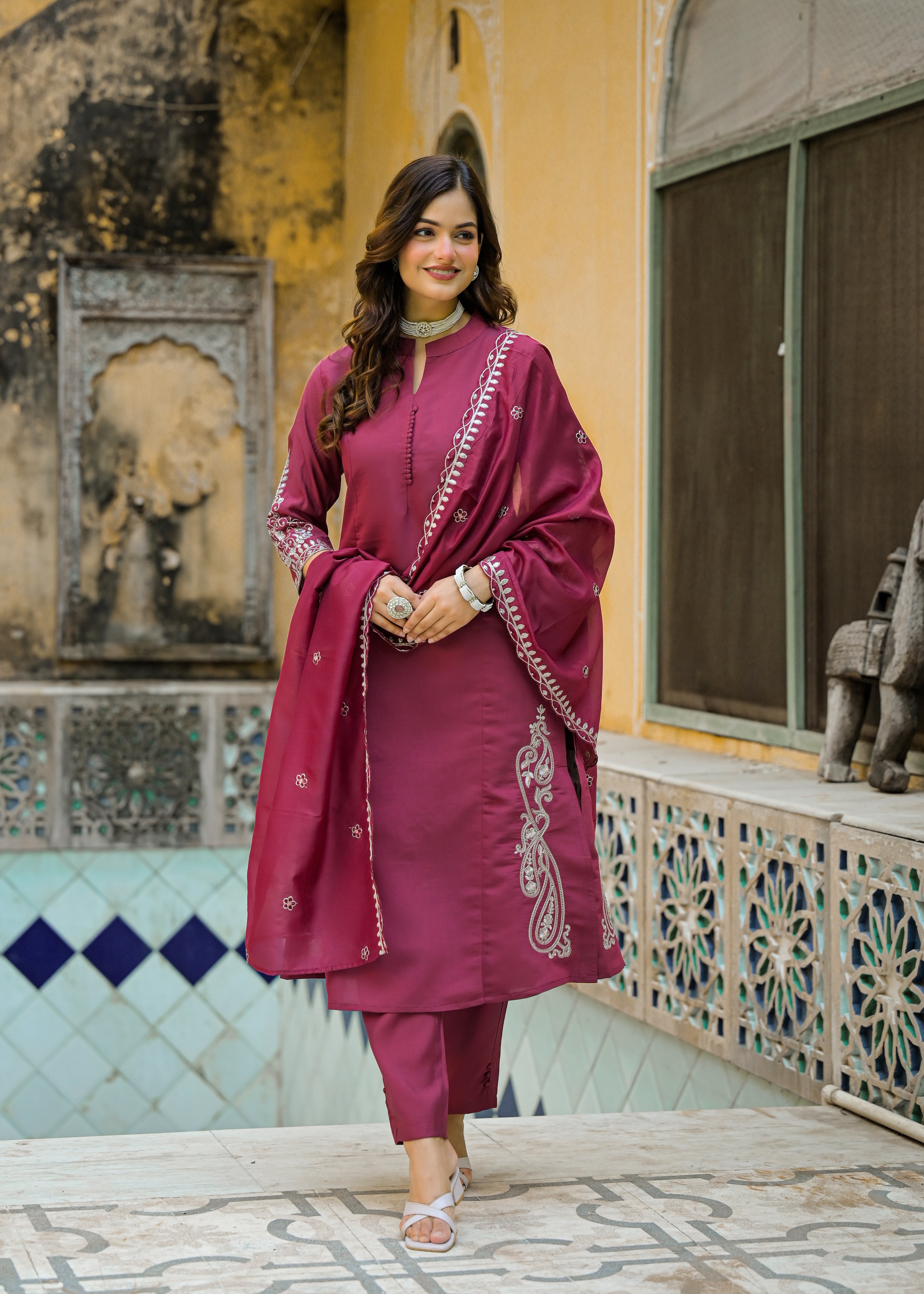 Wine Maroon Solid Straight Kurta Set with Embroidered Dupatta