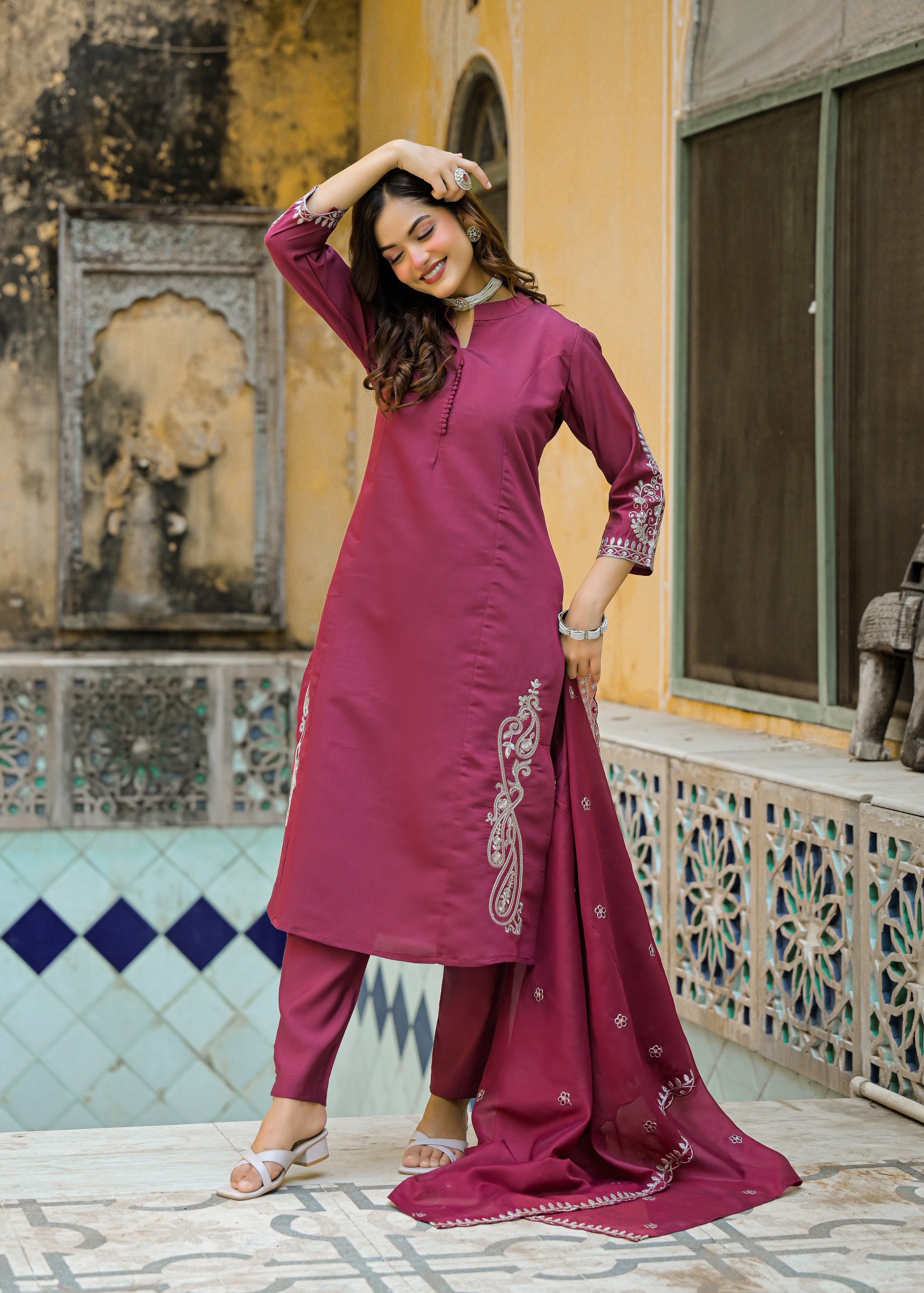 Wine Maroon Solid Straight Kurta Set with Embroidered Dupatta