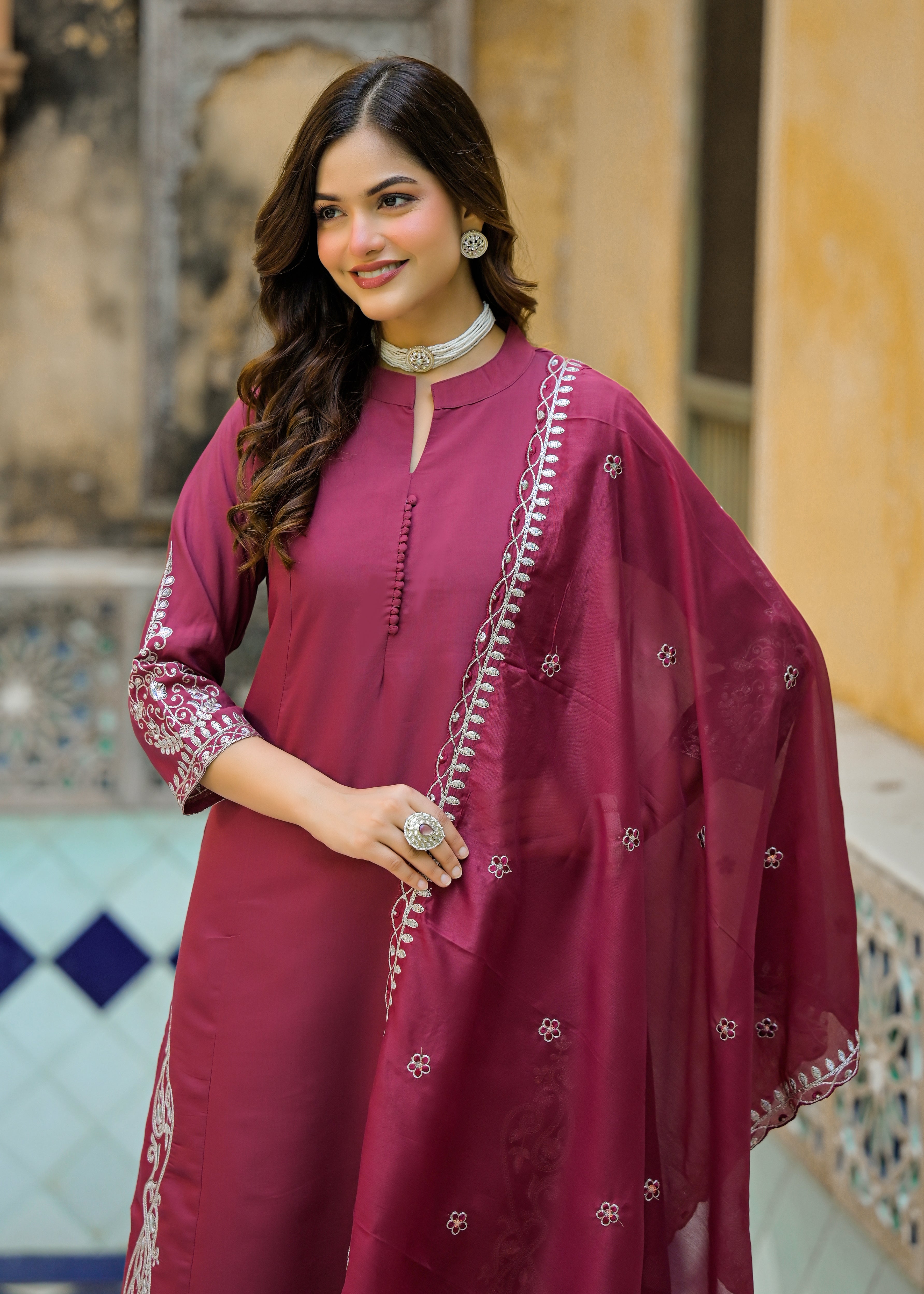Wine Maroon Solid Straight Kurta Set with Embroidered Dupatta