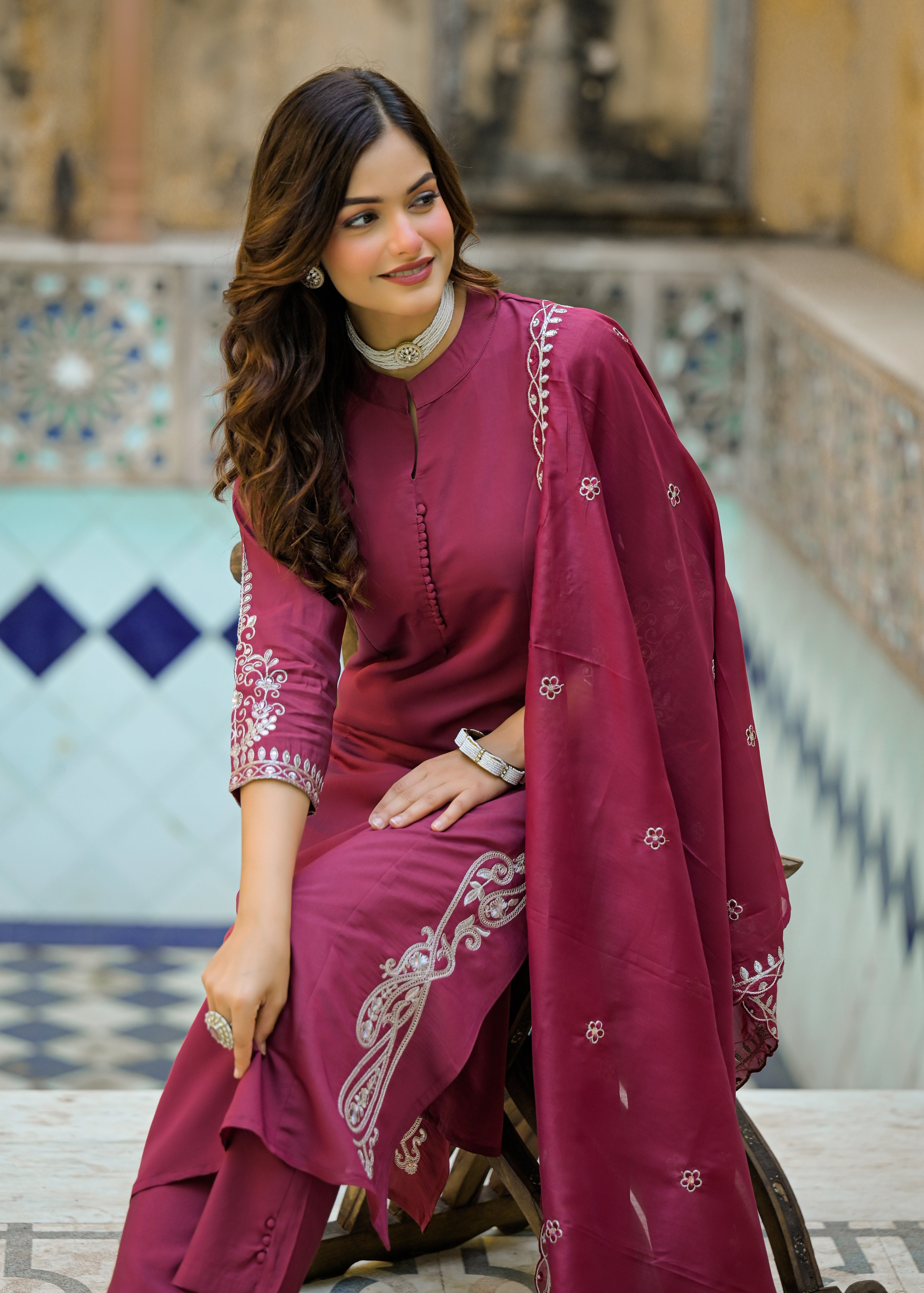 Wine Maroon Solid Straight Kurta Set with Embroidered Dupatta