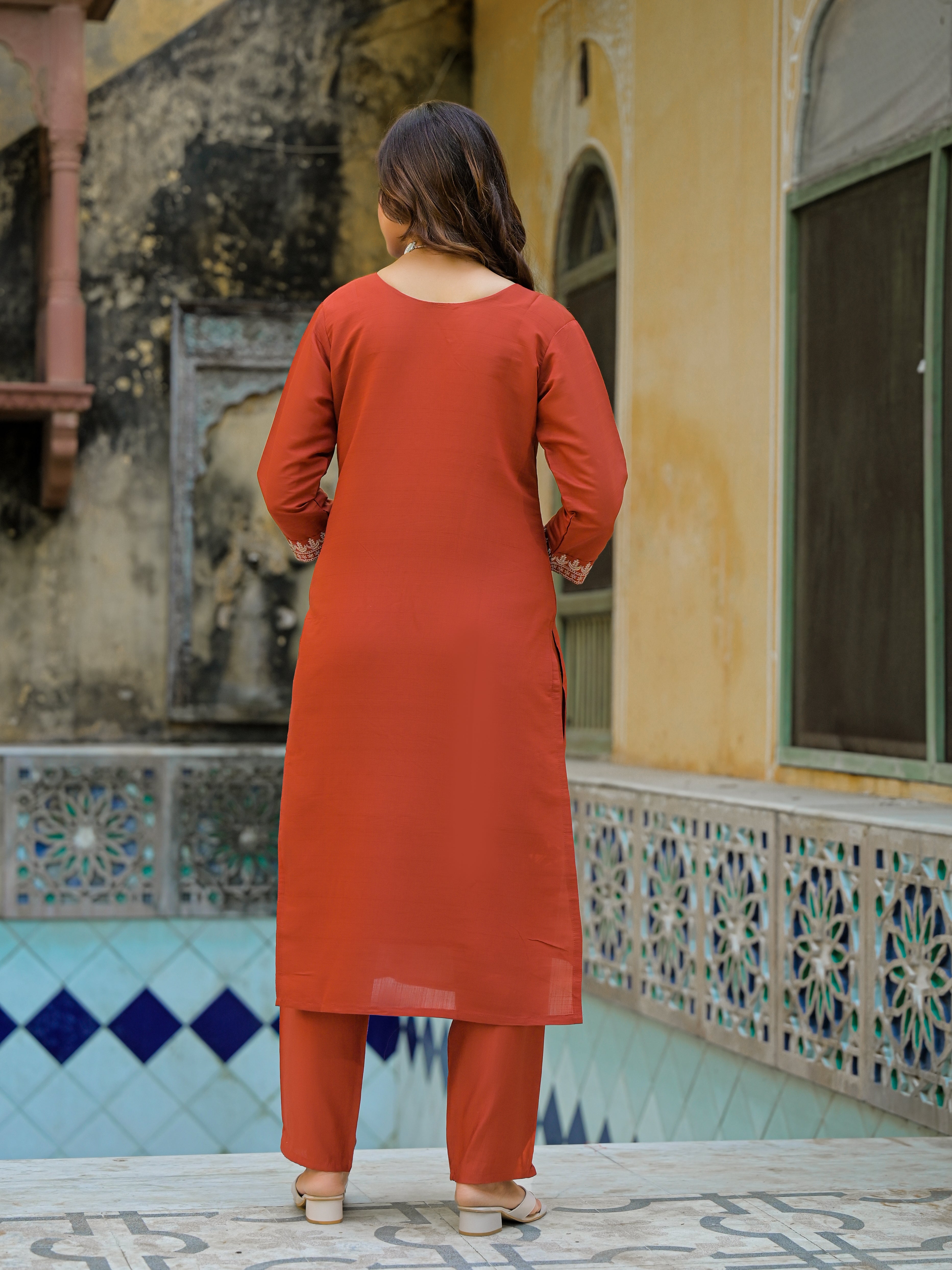 Rust Orange Straight Kurta Set with Embroidered Yoke & Striped Dupatta