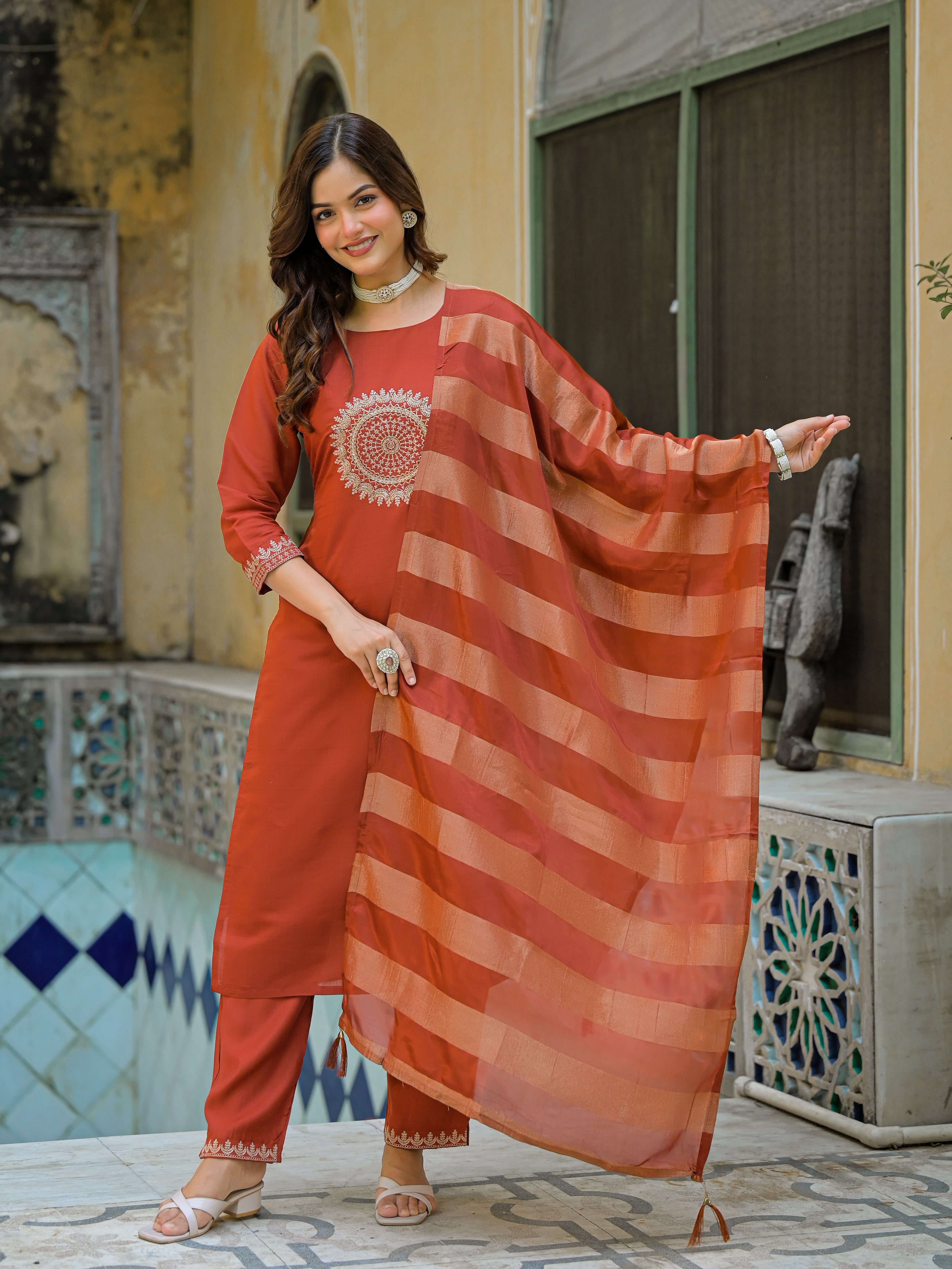 Rust Orange Straight Kurta Set with Embroidered Yoke & Striped Dupatta