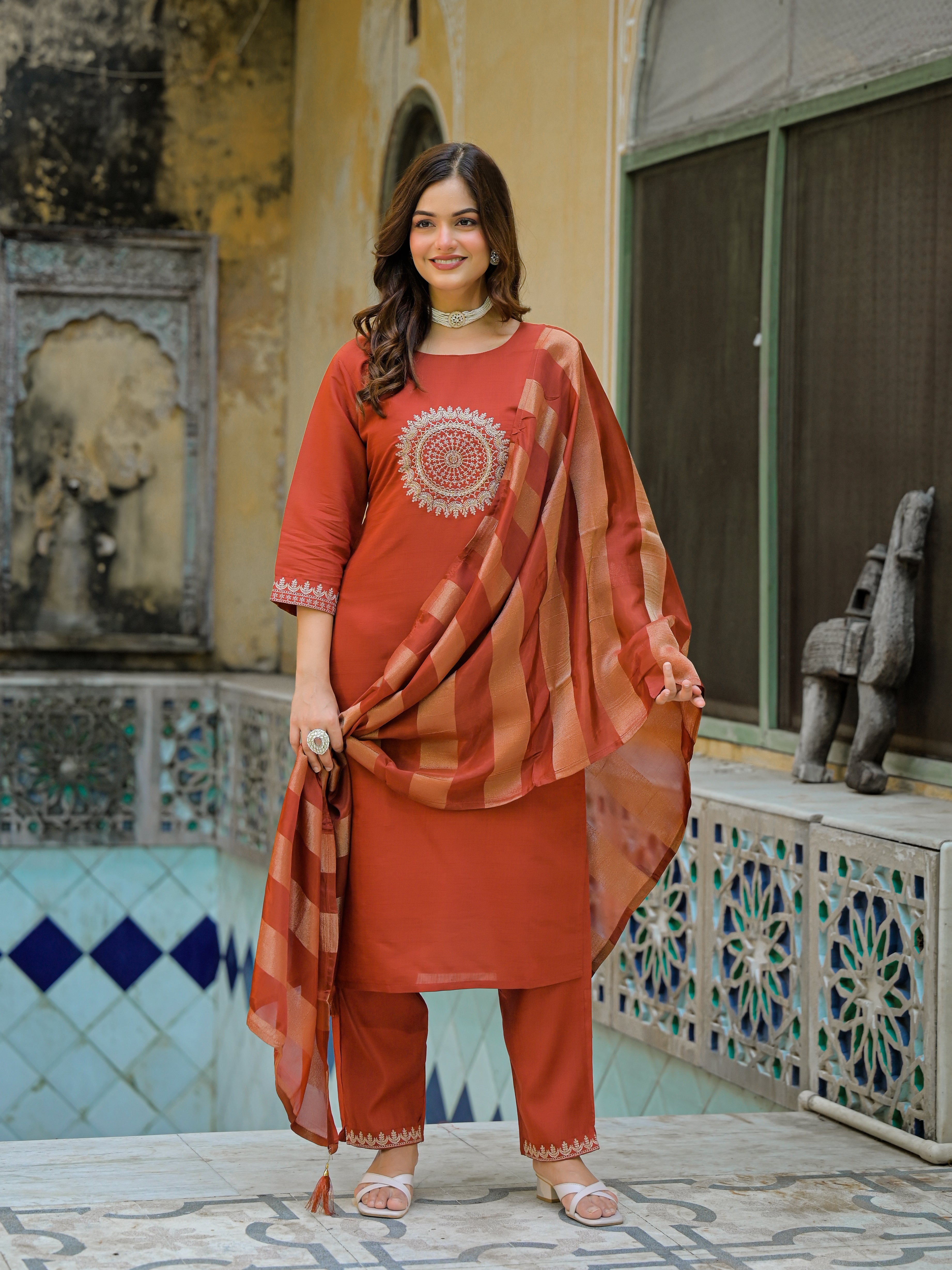 Rust Orange Straight Kurta Set with Embroidered Yoke & Striped Dupatta