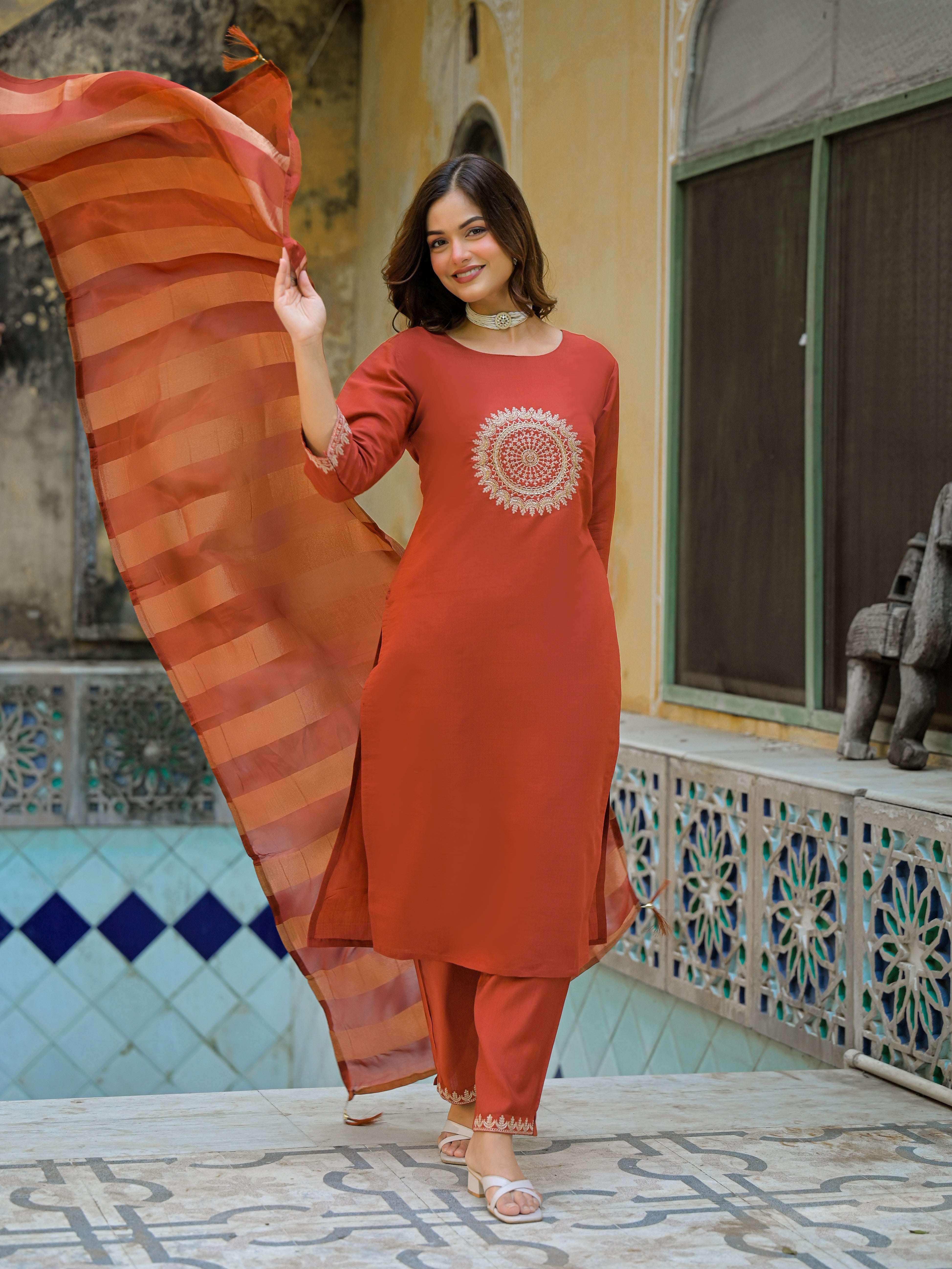 Rust Orange Straight Kurta Set with Embroidered Yoke & Striped Dupatta