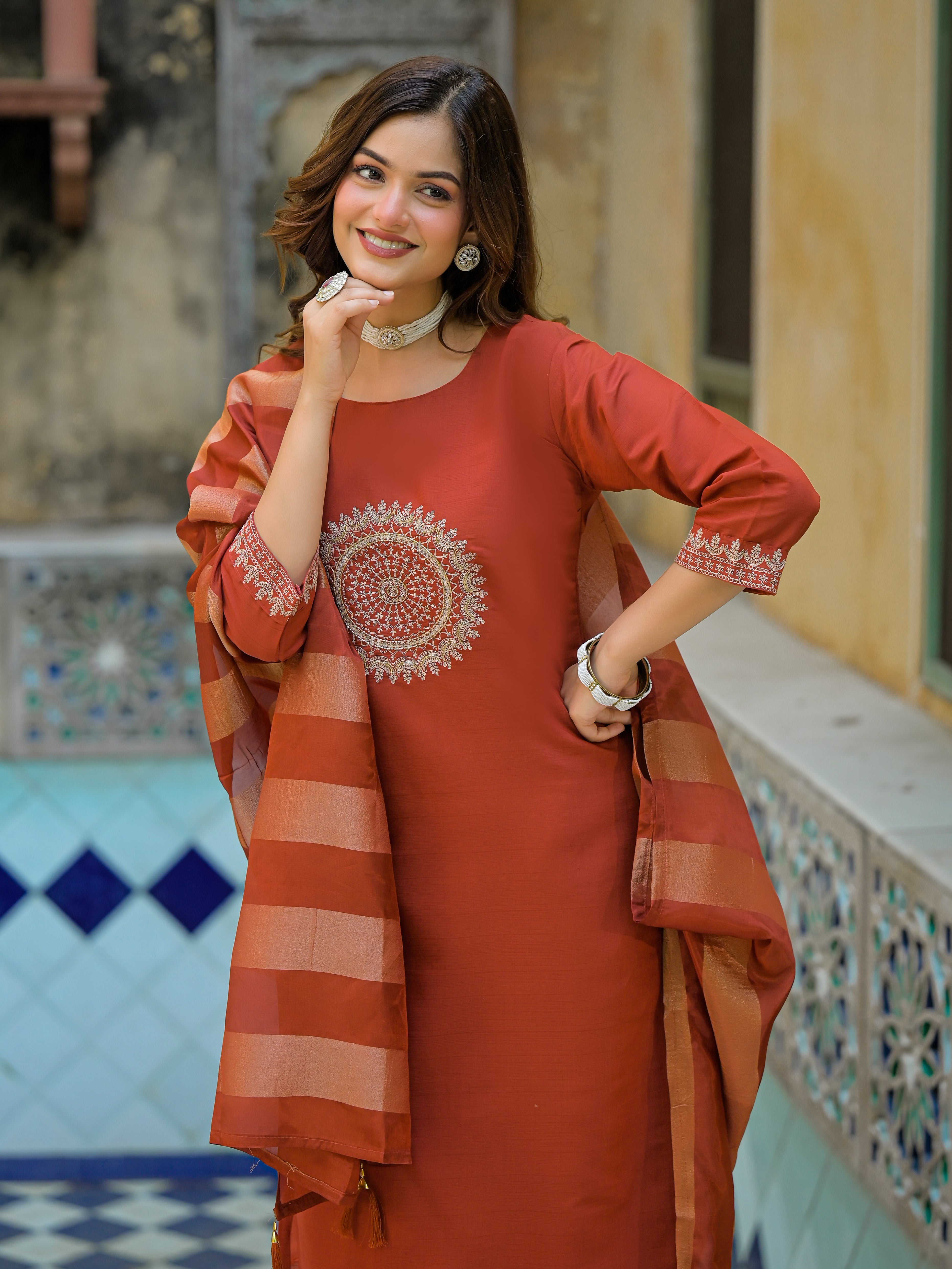 Rust Orange Straight Kurta Set with Embroidered Yoke & Striped Dupatta