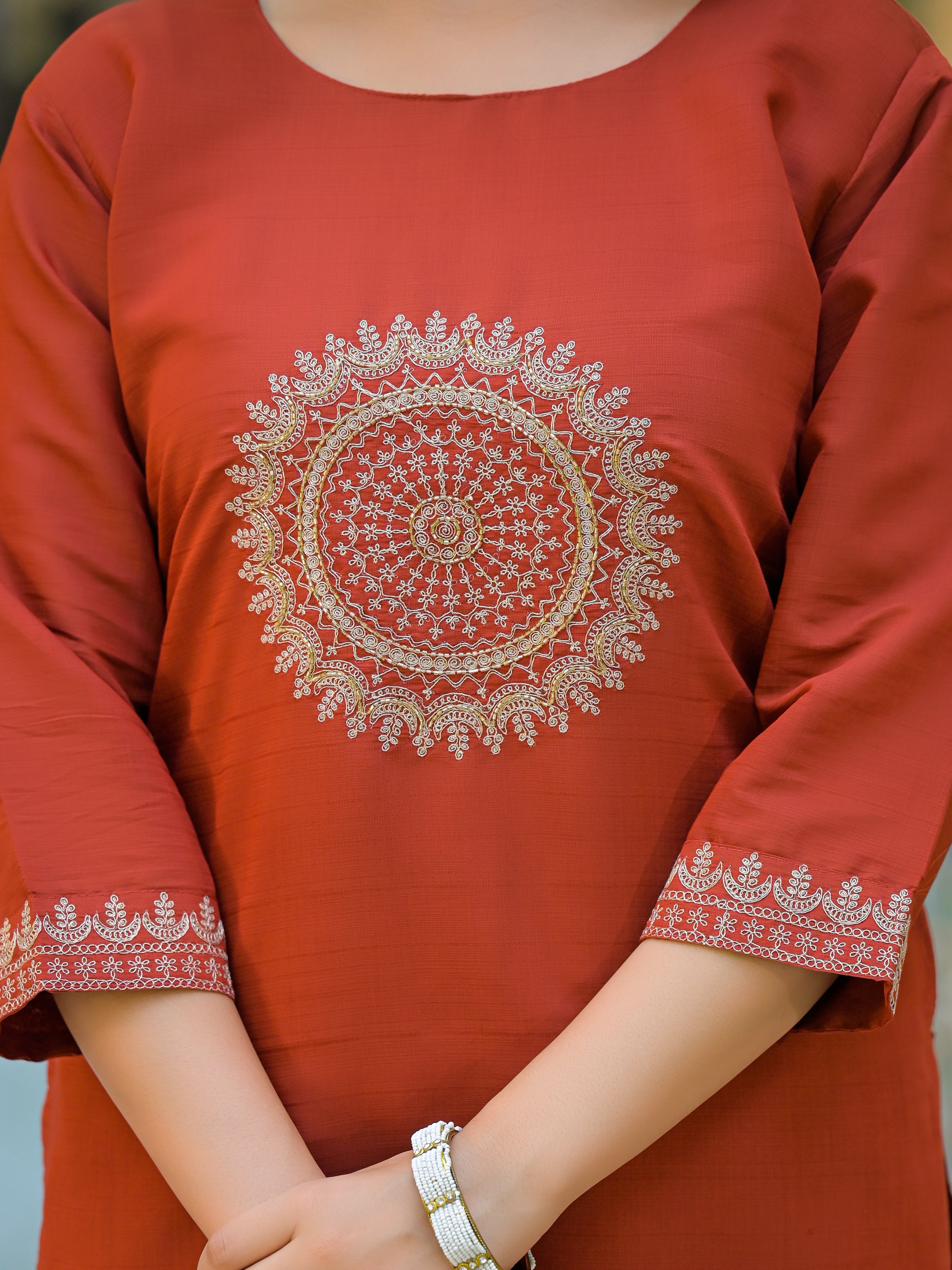 Rust Orange Straight Kurta Set with Embroidered Yoke & Striped Dupatta