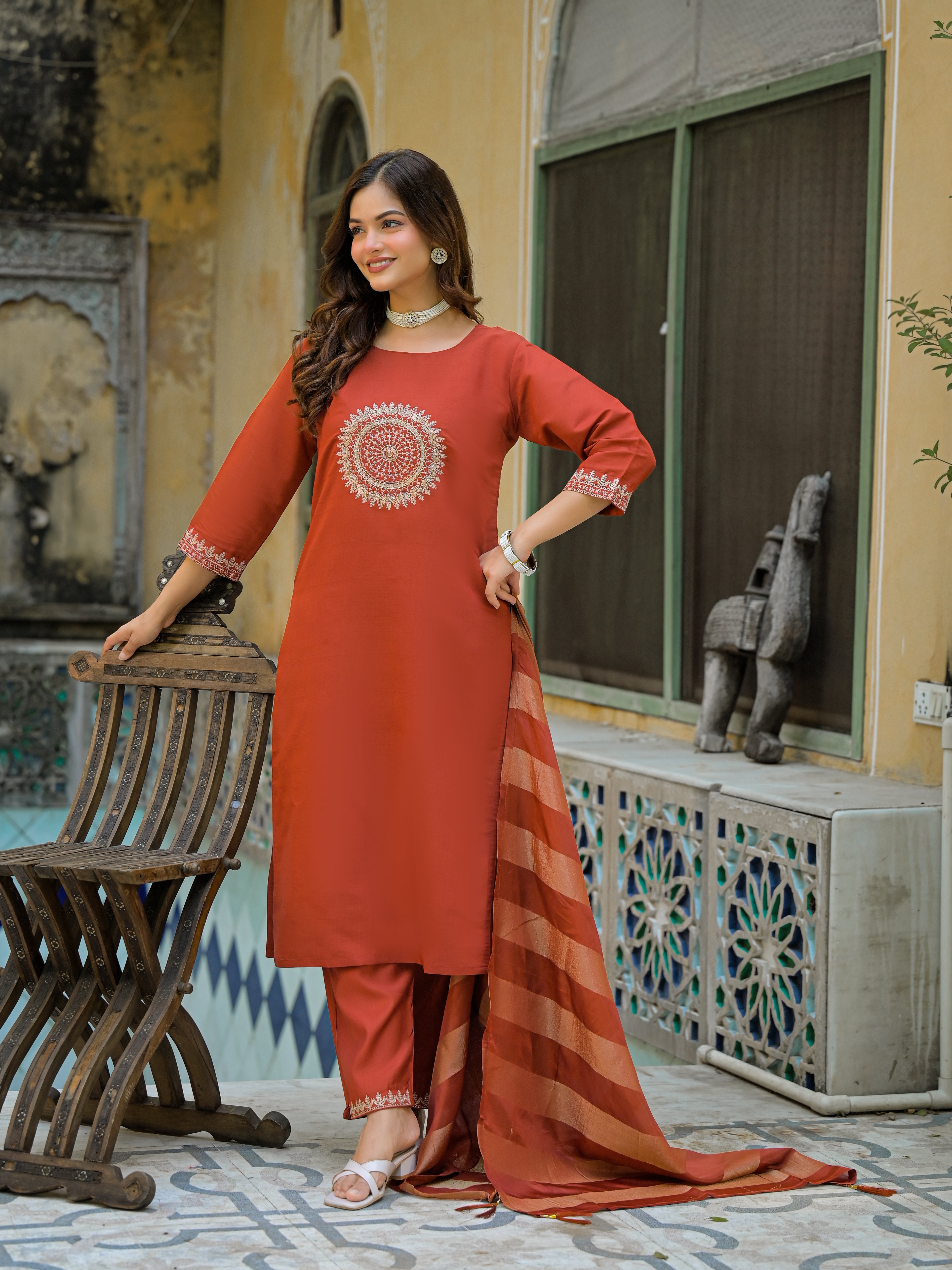 Rust Orange Straight Kurta Set with Embroidered Yoke & Striped Dupatta