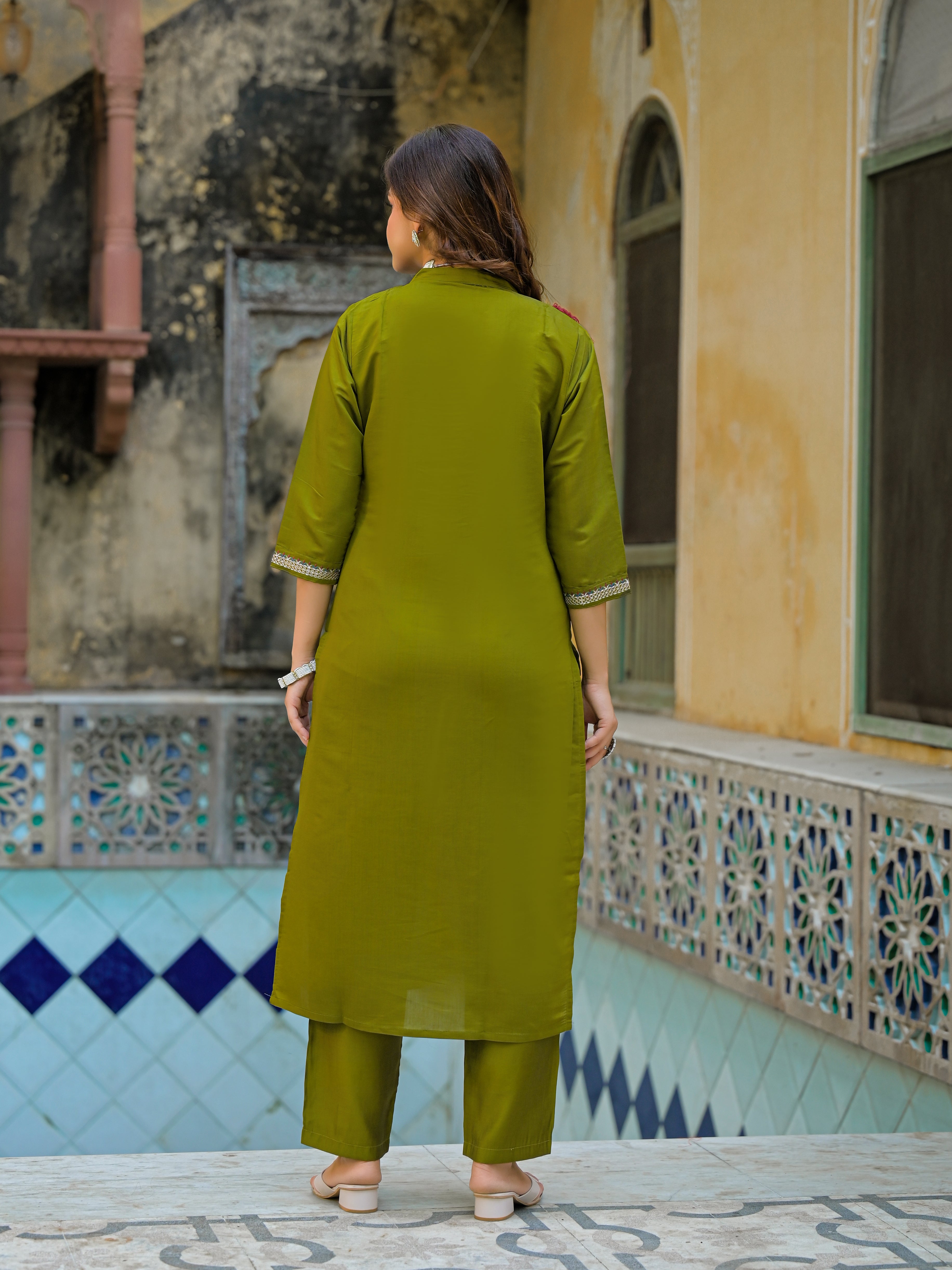 Olive Green Straight Kurta Set with Embroidered Neckline & Printed Dupatta