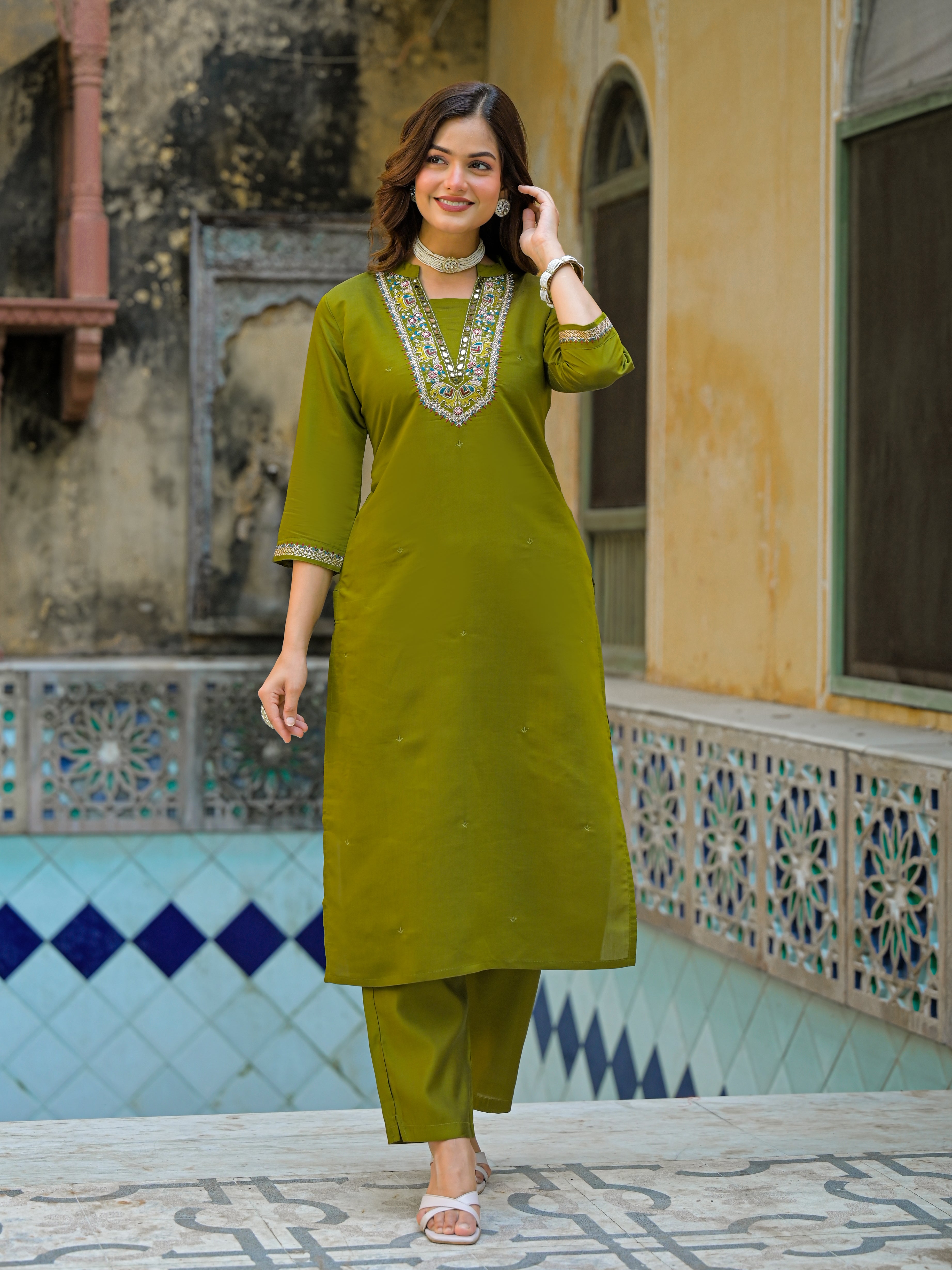 Olive Green Straight Kurta Set with Embroidered Neckline & Printed Dupatta