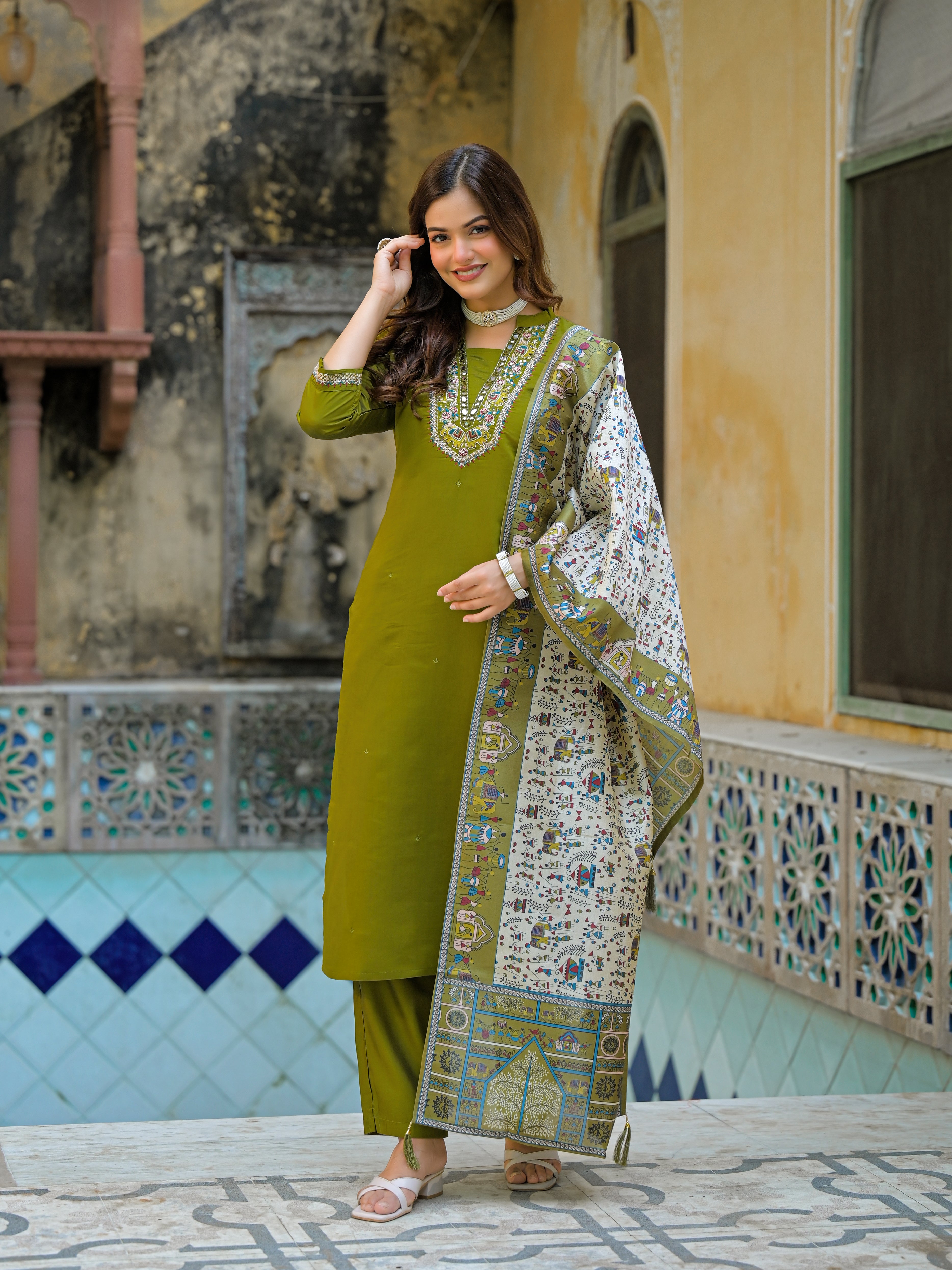Olive Green Straight Kurta Set with Embroidered Neckline & Printed Dupatta