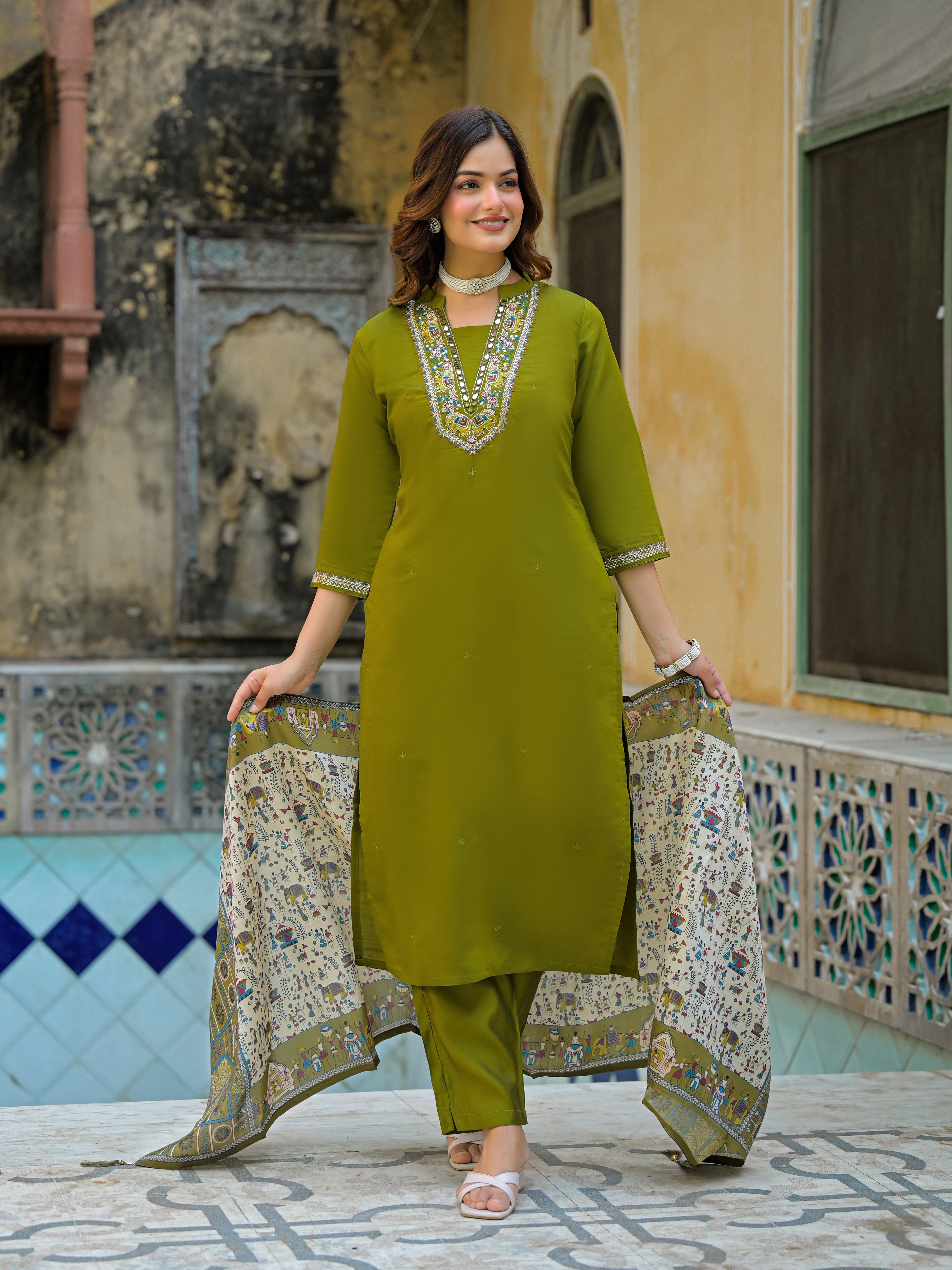 Olive Green Straight Kurta Set with Embroidered Neckline & Printed Dupatta