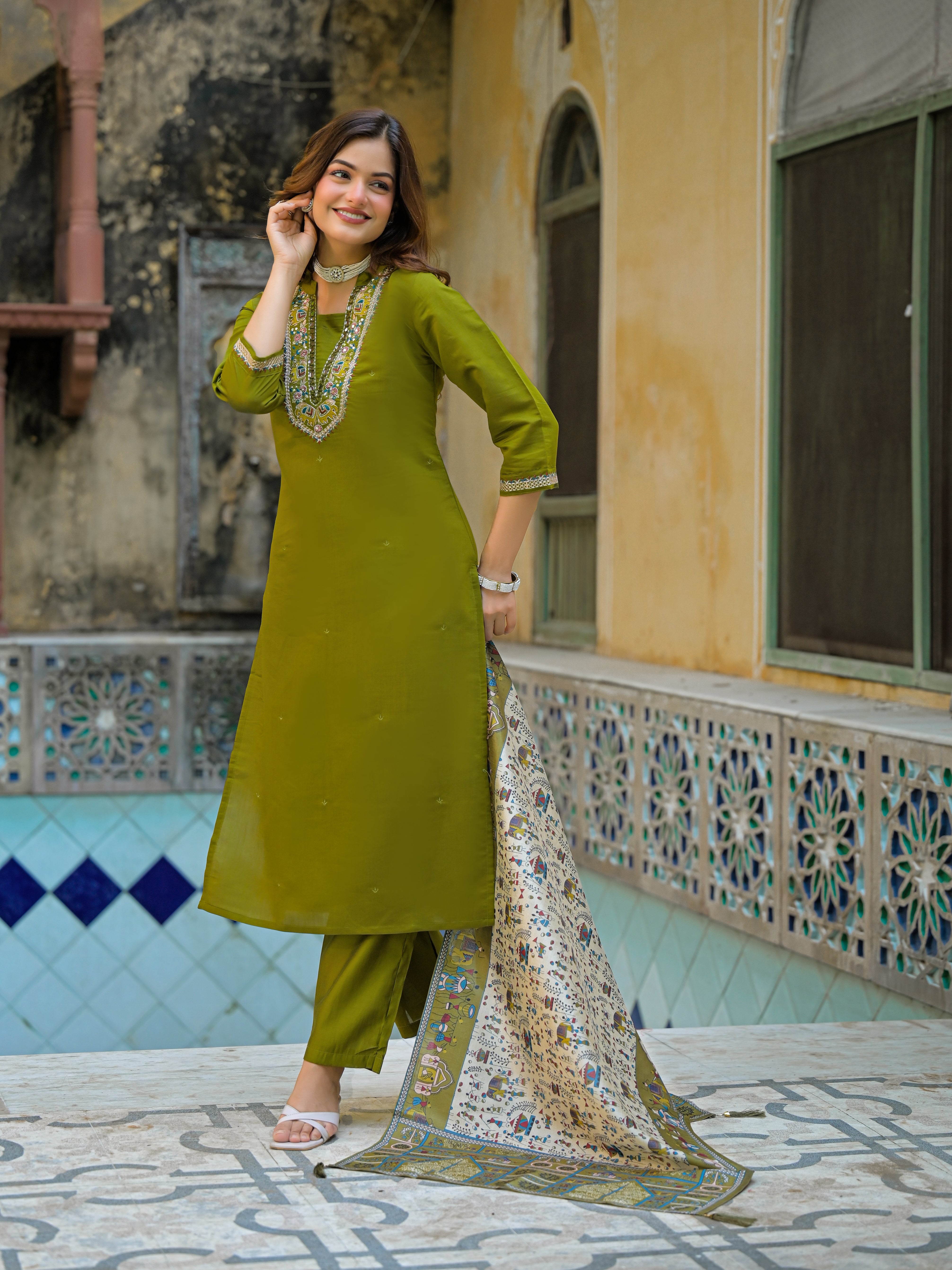 Olive Green Straight Kurta Set with Embroidered Neckline & Printed Dupatta