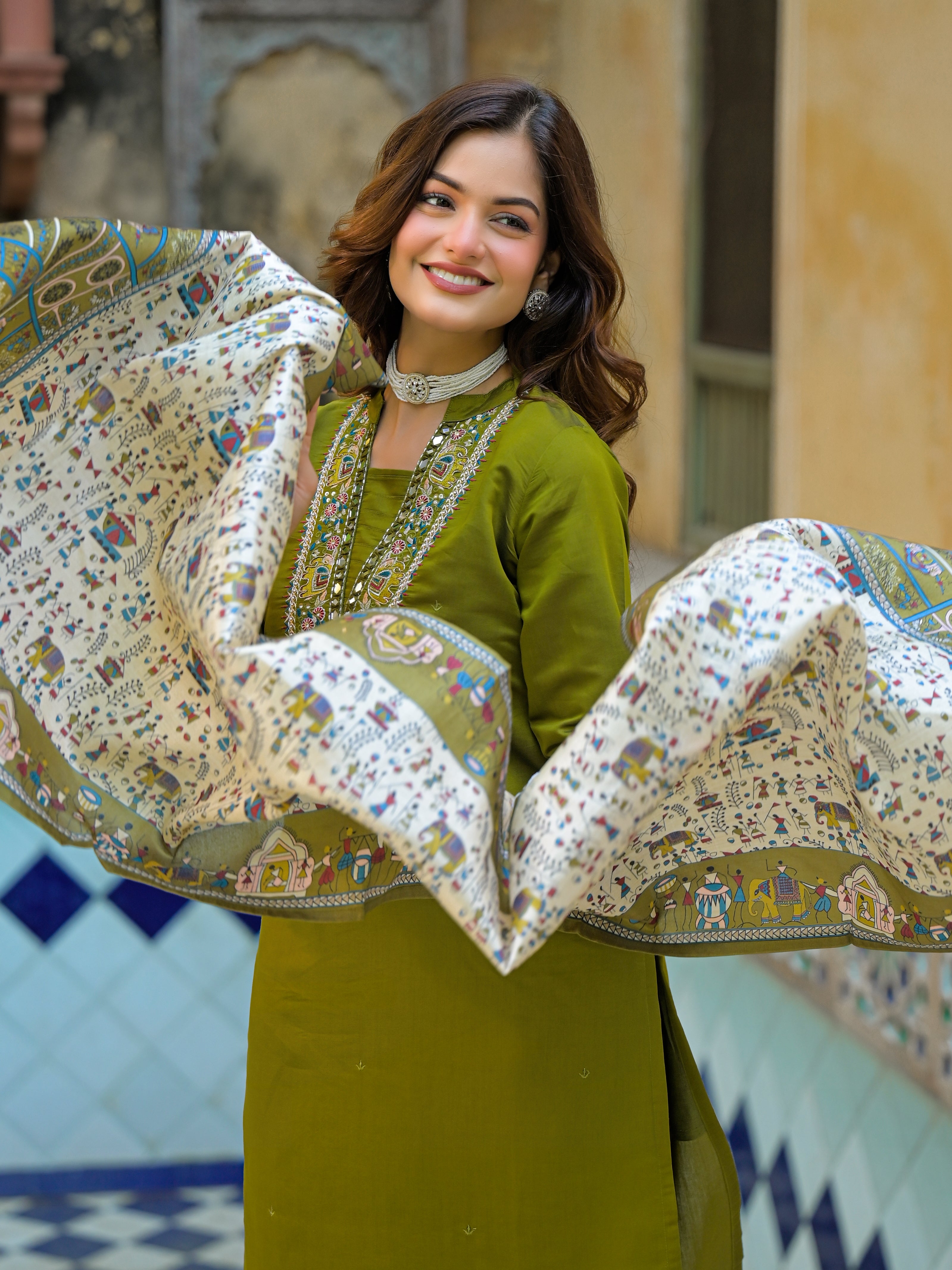 Olive Green Straight Kurta Set with Embroidered Neckline & Printed Dupatta