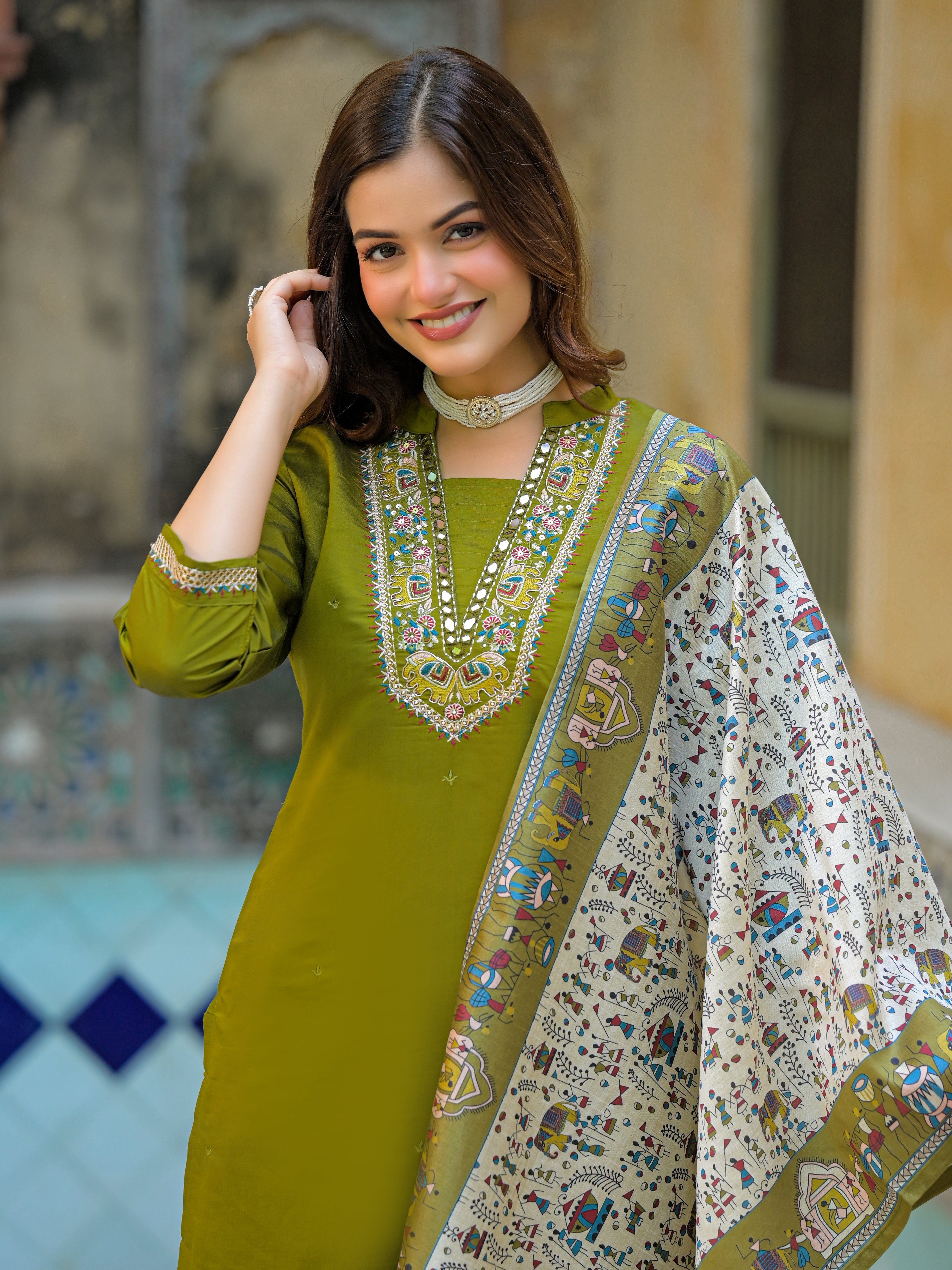 Olive Green Straight Kurta Set with Embroidered Neckline & Printed Dupatta